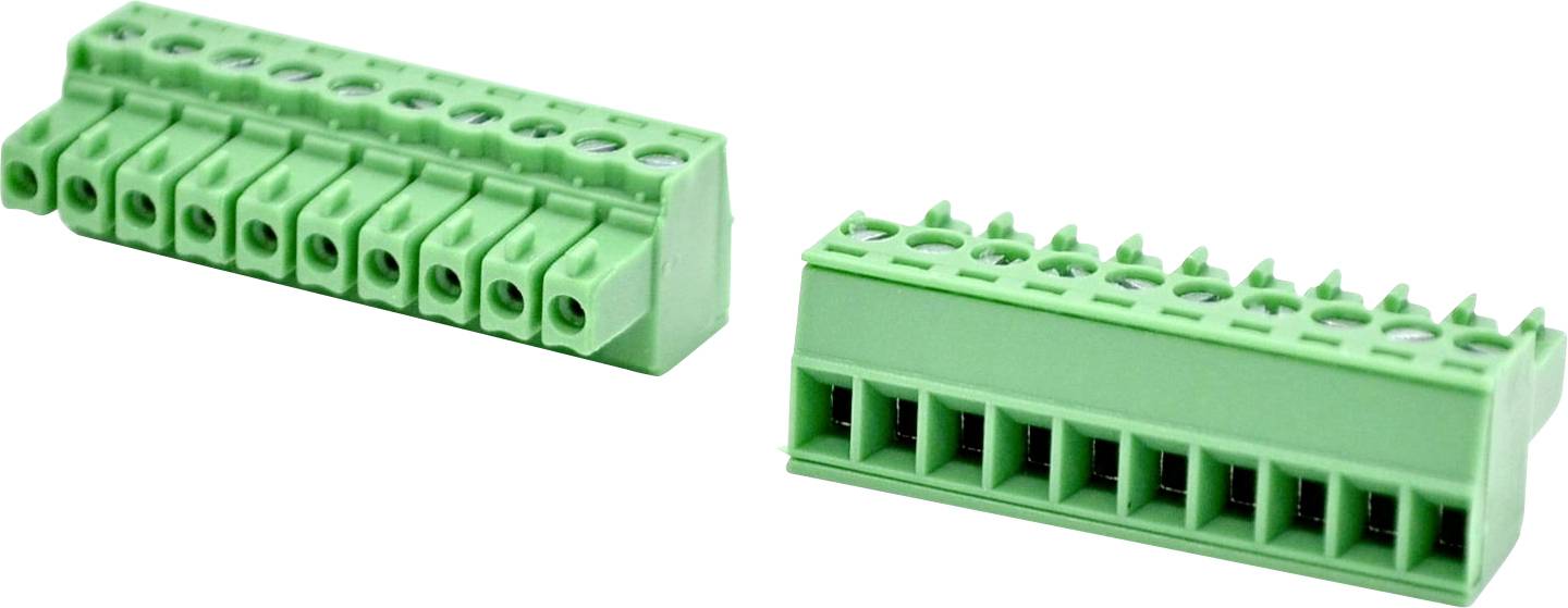Zwei grüne steckbare Klemmblöcke separat dargestellt, einer in schrägem Aufsichtsblick und einer in Frontansicht mit mehreren schraubenlosen Drahtanschlüssen.