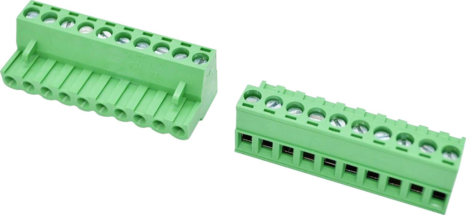 Zwei grüne Schraubklemmenblöcke in Schrägansicht, mit mehreren Drahteinführungsöffnungen oben und vorderen Anschlussanschlüssen.