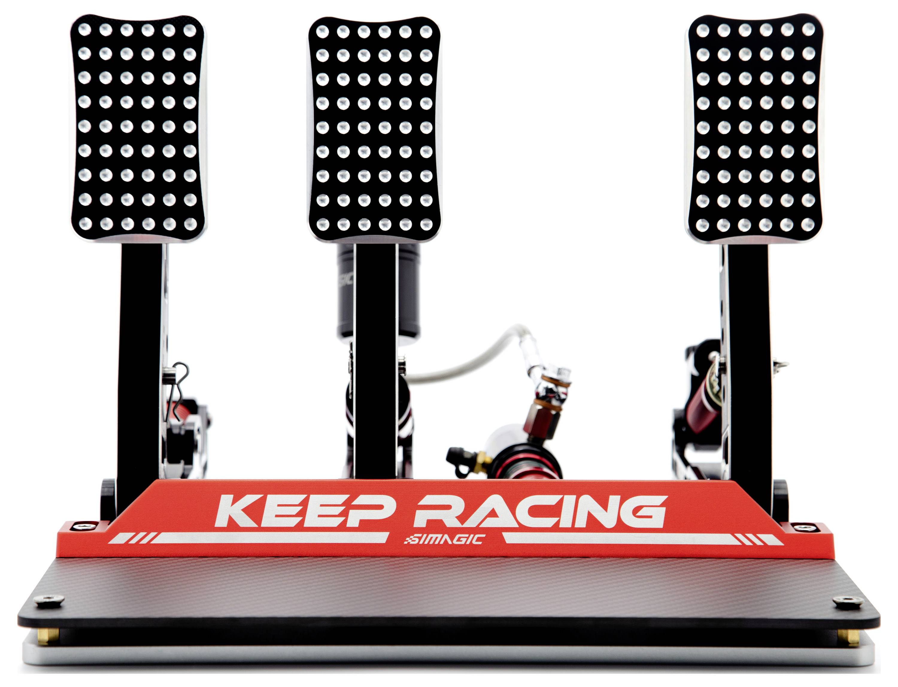 Dreiteiliges Rennsimulatoren-Pedal-Set mit roter Basis mit der Bezeichnung „KEEP RACING