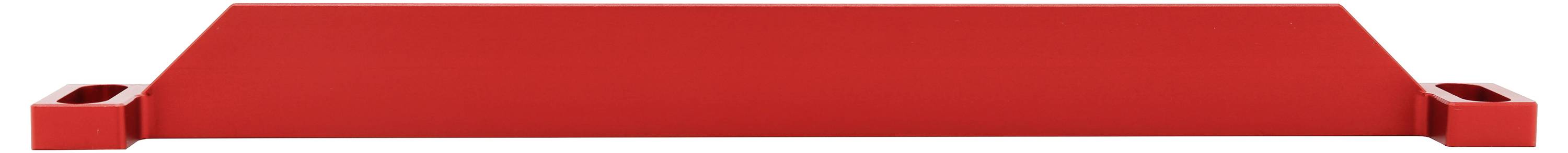 Ein rotes rechteckiges Tablett oder regalartig aussehender Gegenstand mit erhöhten Seiten und kleinen Ecklaschen, dargestellt auf weißem Hintergrund.