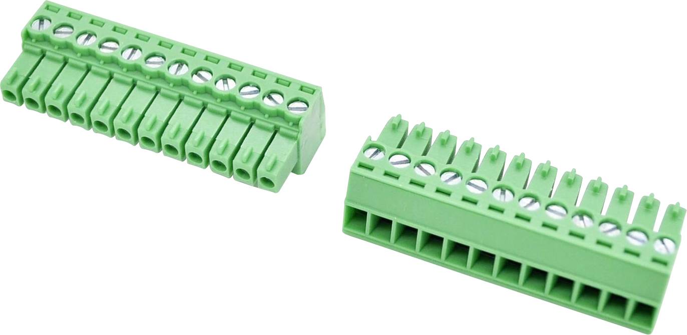 Zwei grüne Schraubklemmblöcke unter verschiedenen Winkeln auf weißem Hintergrund dargestellt, einer nach links und einer nach rechts geneigt, mit mehreren Drahtverbindungssteckplätzen und Schrauföffnungen.