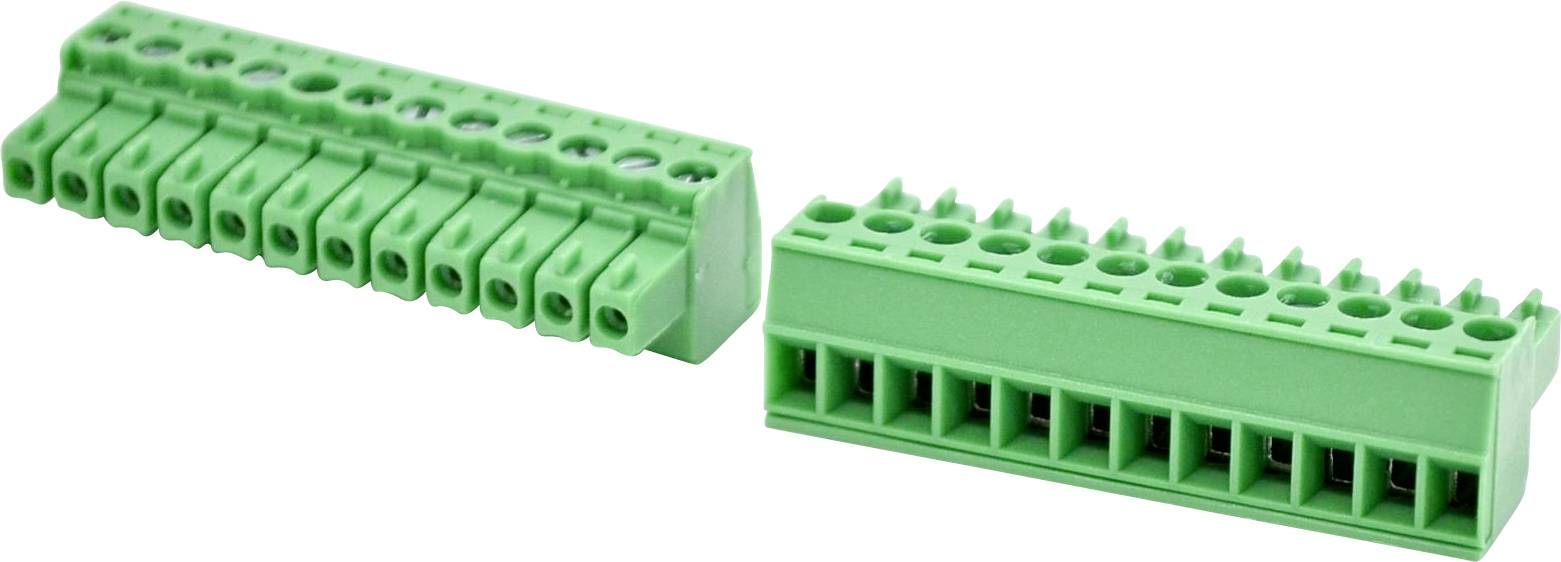 Zwei grüne steckbare Klemmleistenverbinder, einer mit abgewinkelten Schraubklemmen und einer mit einer Reihe von rechteckigen Steckeröffnungen.