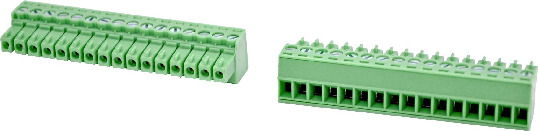 Zwei grüne Schraubklemmverbinder auf weißem Hintergrund gezeigt, einer nach links geneigt und einer nach vorne ausgerichtet, mit mehreren Anschlussöffnungen.