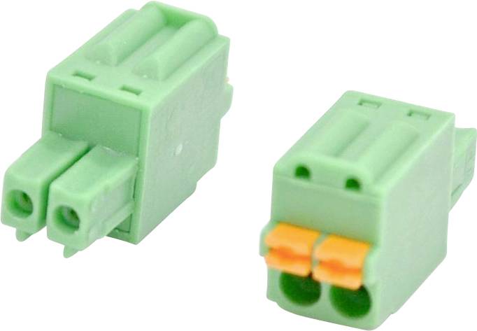 Zwei grüne Steckverbinder-Klemmleisten mit mehreren Anschlüssen, dargestellt aus angewinkelten Seitenansichten auf weißem Hintergrund.