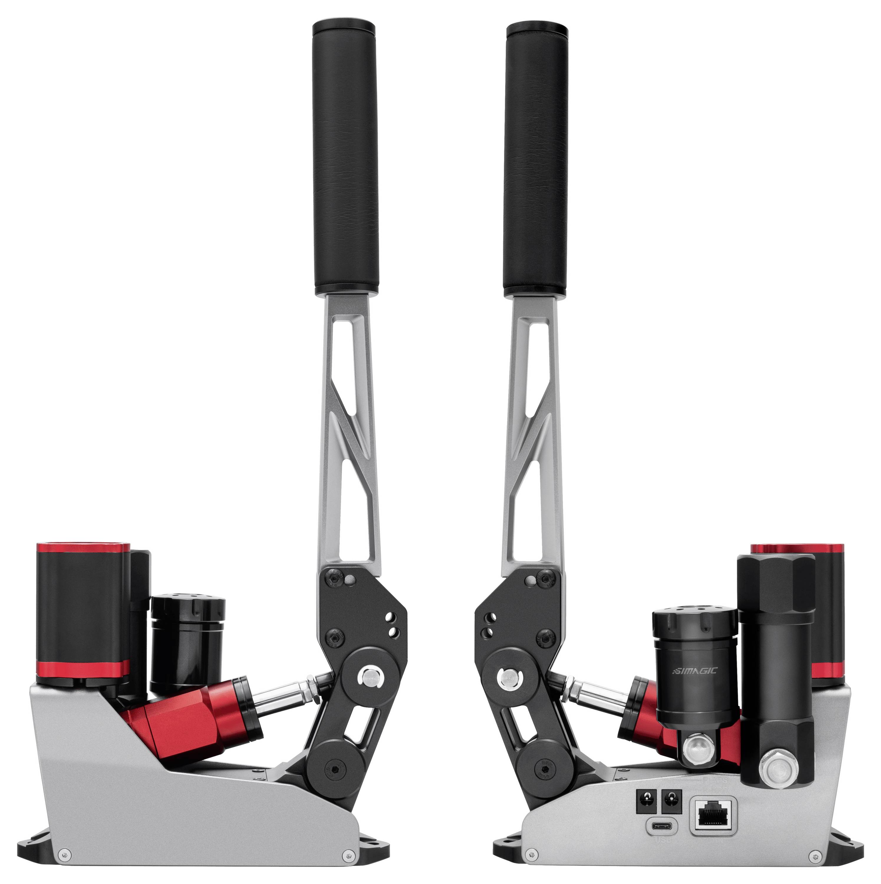 Vorder- und Rückansicht eines kompakten Robotergeräts mit doppeltem Griff, zwei hohen Griffen und rot-schwarzen motorisierten Komponenten auf einer grauen Basis.