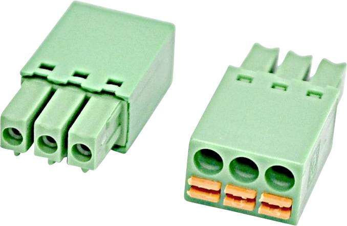 Zwei grüne elektrische Anschlussklemmen, eine mit drei vorderen Anschlussports und eine mit drei vorderen Ports plus sichtbaren orangefarbenen Federklemmen.