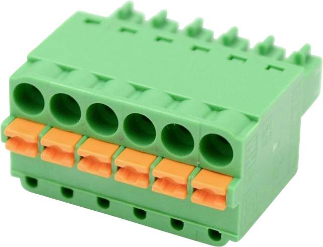Zwei grüne 5-polige Schraubklemmen-Steckverbinder auf weißem Hintergrund, einer angewinkelt, um die Drahteingänge zu zeigen, und einer die vorderen Kontakte.