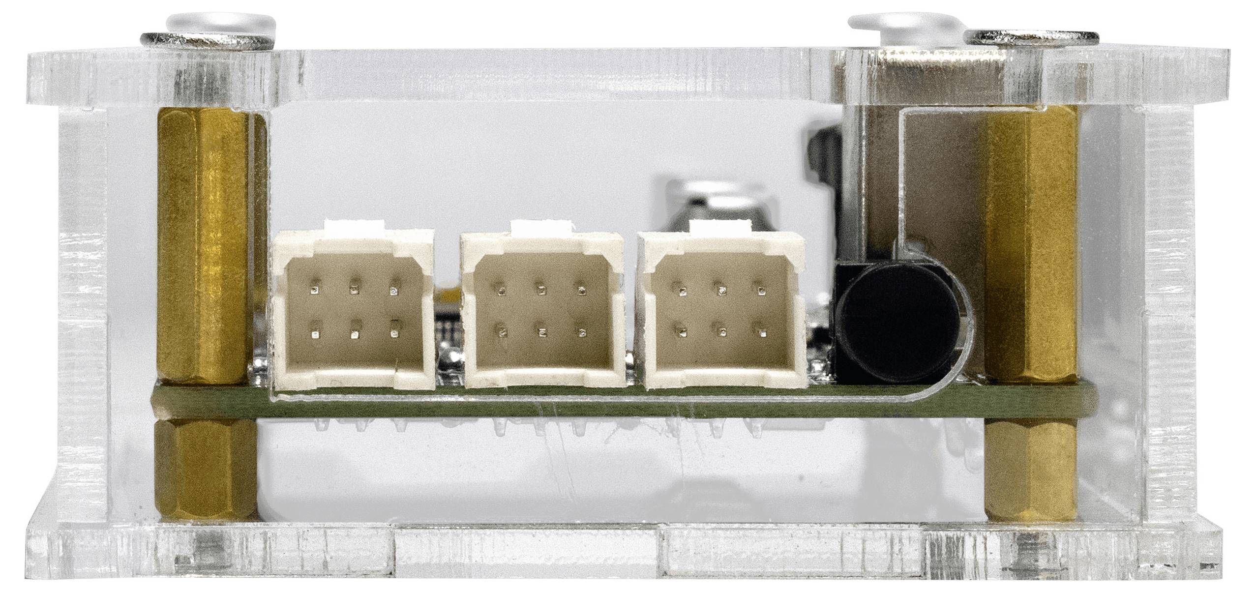 Nahaufnahme eines kleinen elektronischen Moduls mit drei weißen Anschlussports und einer schwarzen kreisförmigen Komponente, die auf einem transparenten Rahmen montiert ist.