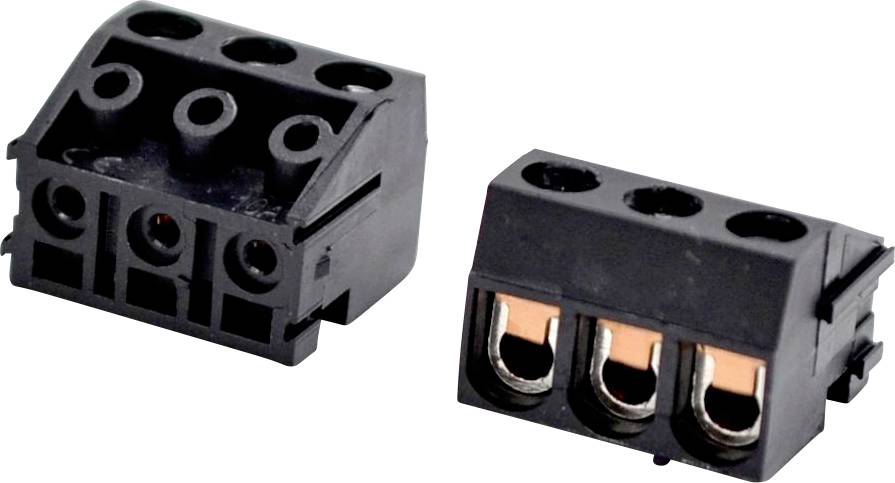 Zwei schwarze dreipolige Elektroklemmenblöcke/Steckverbinder, dargestellt von vorne und von oben auf weißem Hintergrund.