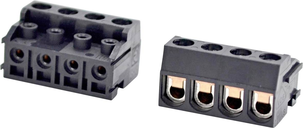 Zwei schwarze schraubenlose Elektro-Klemmleisten in geneigten Ansichten, mit vier Drahtanschlüssen und sichtbaren Kupferkontakten.