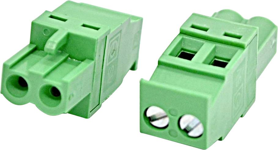 Zwei grüne elektrische Anschlusstecker nebeneinander abgebildet, jeder mit zwei Anschlussanschlüssen auf weißem Hintergrund.