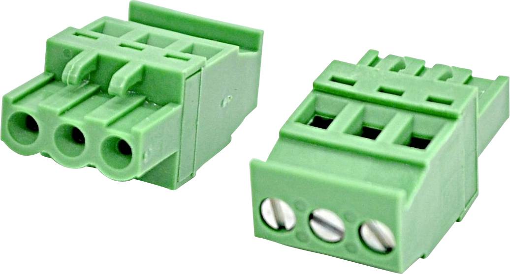 Zwei grüne dreipolige Schraubklemmenverbinder auf weißem Hintergrund gezeigt.