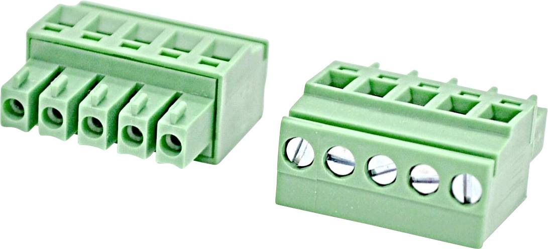 Zwei grüne Drahtverbinderklemmen mit mehreren Schraubklemmen, gezeigt auf weißem Hintergrund.