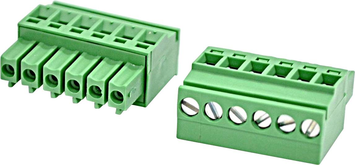 Zwei grüne abnehmbare Elektroklemmenblöcke mit je sechs Schraubklemmen, nebeneinander auf weißem Hintergrund dargestellt.