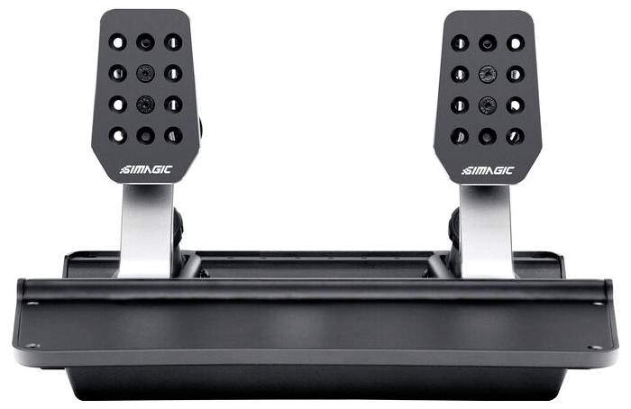 Schwarzes Renn-Simulator-Pedal-Set mit zwei Metalpedalflächen, die auf einem Sockel montiert sind, Marke SIMAGIC.