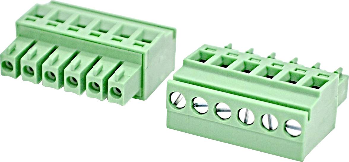 Zwei grüne elektrische Klemmleistenverbinder mit Schraub- und Stecköffnungen, abgebildet auf weißem Hintergrund.