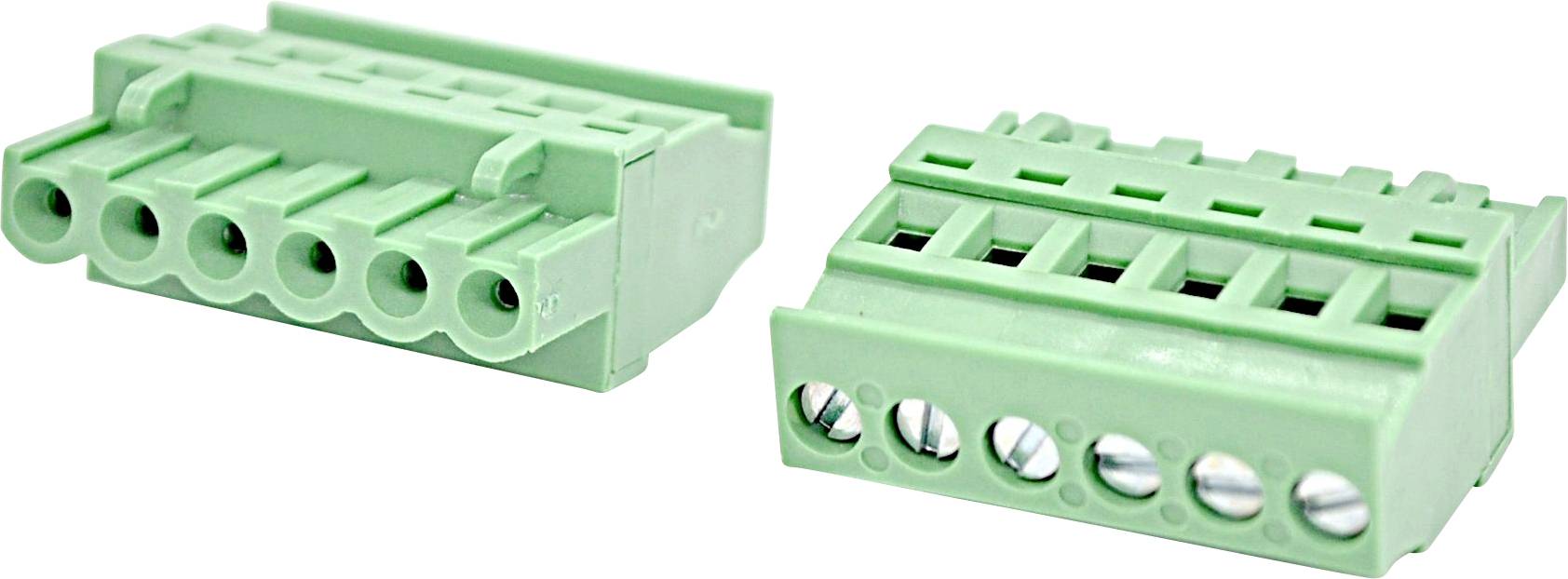 Zwei grüne elektrische Klemmleistenverbinder auf weißem Hintergrund, nebeneinander angeordnet, jeweils mit mehreren Drahteingangsöffnungen und Schraubklemmen.