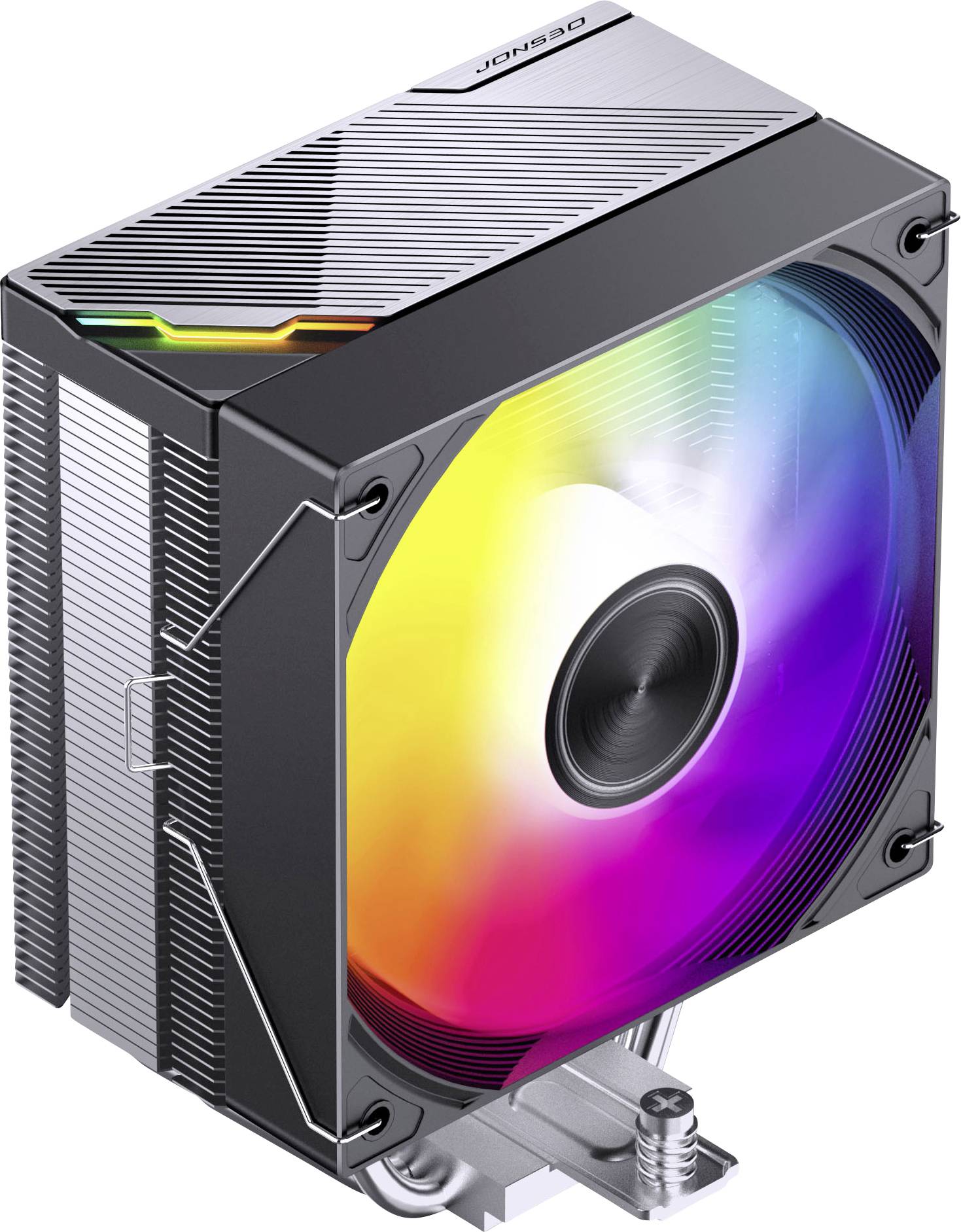 Ein schwarzer PC-Kühlventilator mit regenbogenfarbig RGB-beleuchteten Blättern und Kühlkörper, dargestellt in einer 3D-Produktstil-Ansicht.