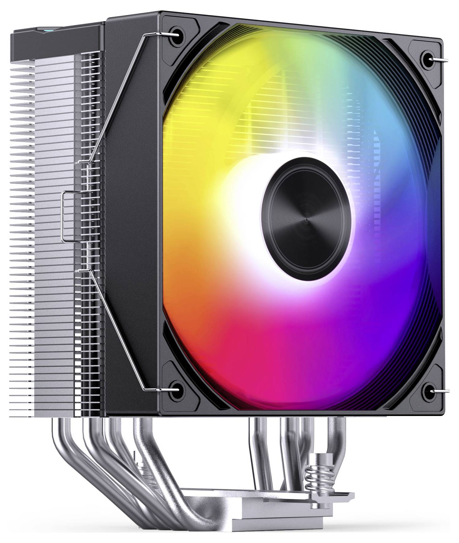 Computerprozessor-Kühler mit großem regenbogenfarbigem RGB-Lüfter und Metallkühlkörper mit darunter angebrachten Wärmerohrverbindungen.