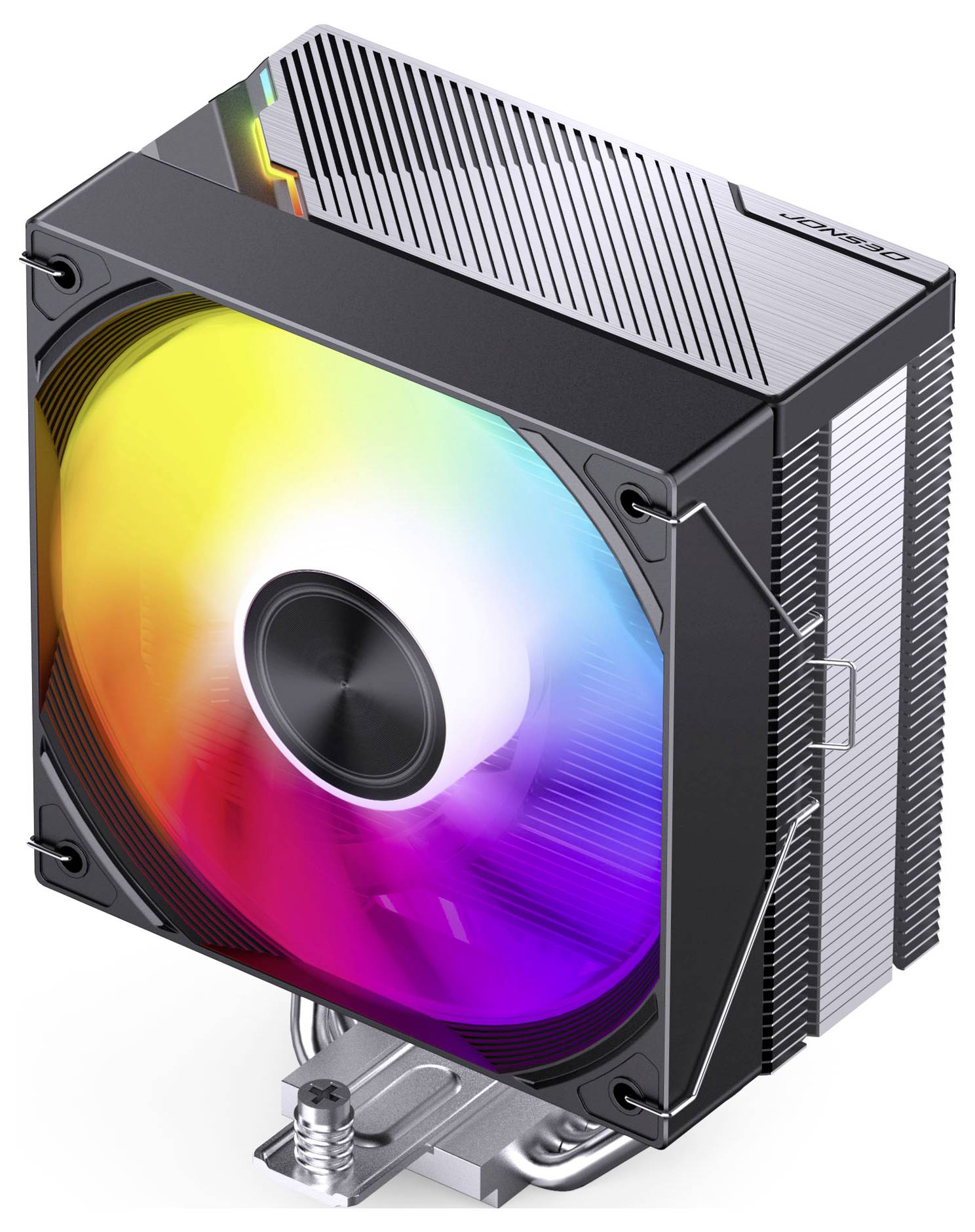 Computer-CPU-Kühler mit großem RGB-beleuchtetem Lüfter und Kühlkörper, dargestellt in einer Dreiviertelsicht auf weißem Hintergrund.
