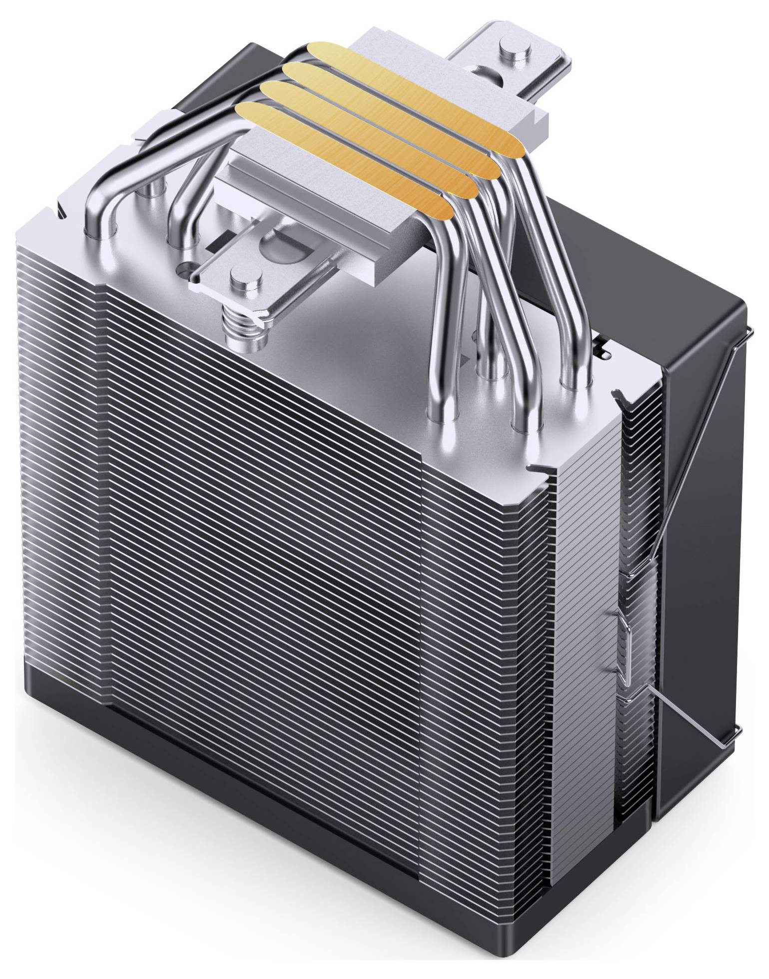 Computerkühler mit gestapelten Metallrippen und Wärmerohr verbunden mit einer oberen Kontaktplatte, dargestellt als Kühlkomponente für elektronische Hardware.