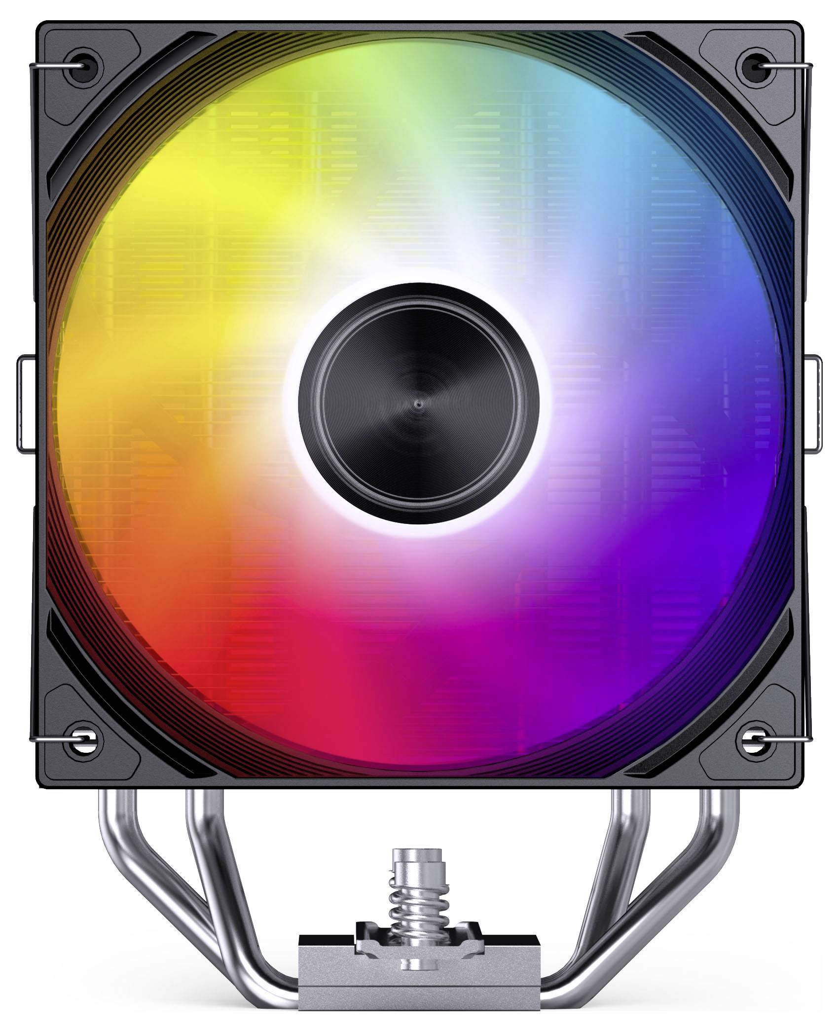 Ein farbenfroher RGB-Computerlüfter mit zentralem schwarzem Nabe und Metallmontageklammern.