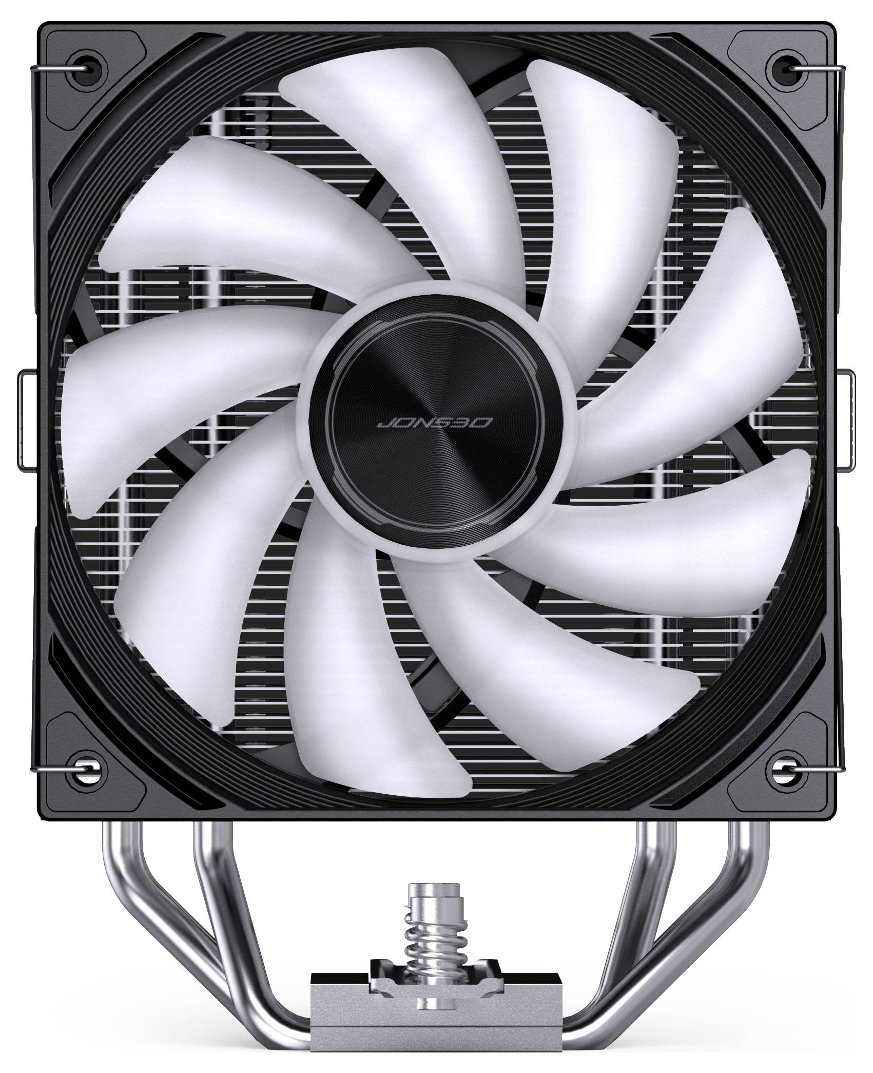 Computerlüfter mit weißen Blättern und schwarzem quadratischem Rahmen, befestigt an einer Metallwärmesinkmontageklammer.