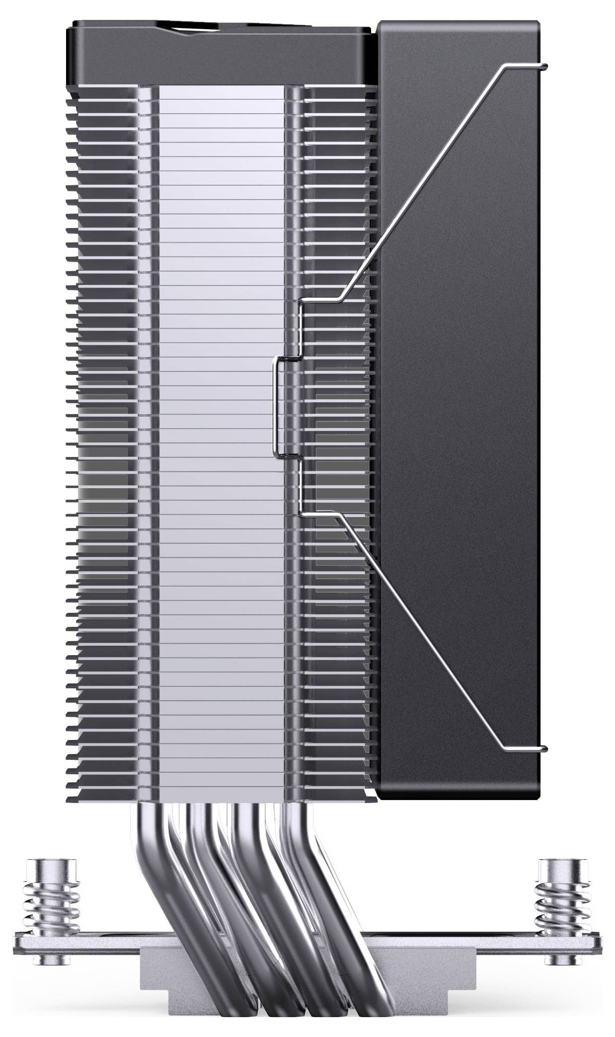 Schnittillustration einer Server-Kühlkörpereinheit mit gestapelten Kühlrippen, Wärmerohr und Befestigungshalterung zum Kühlen eines Prozessors oder Chips.
