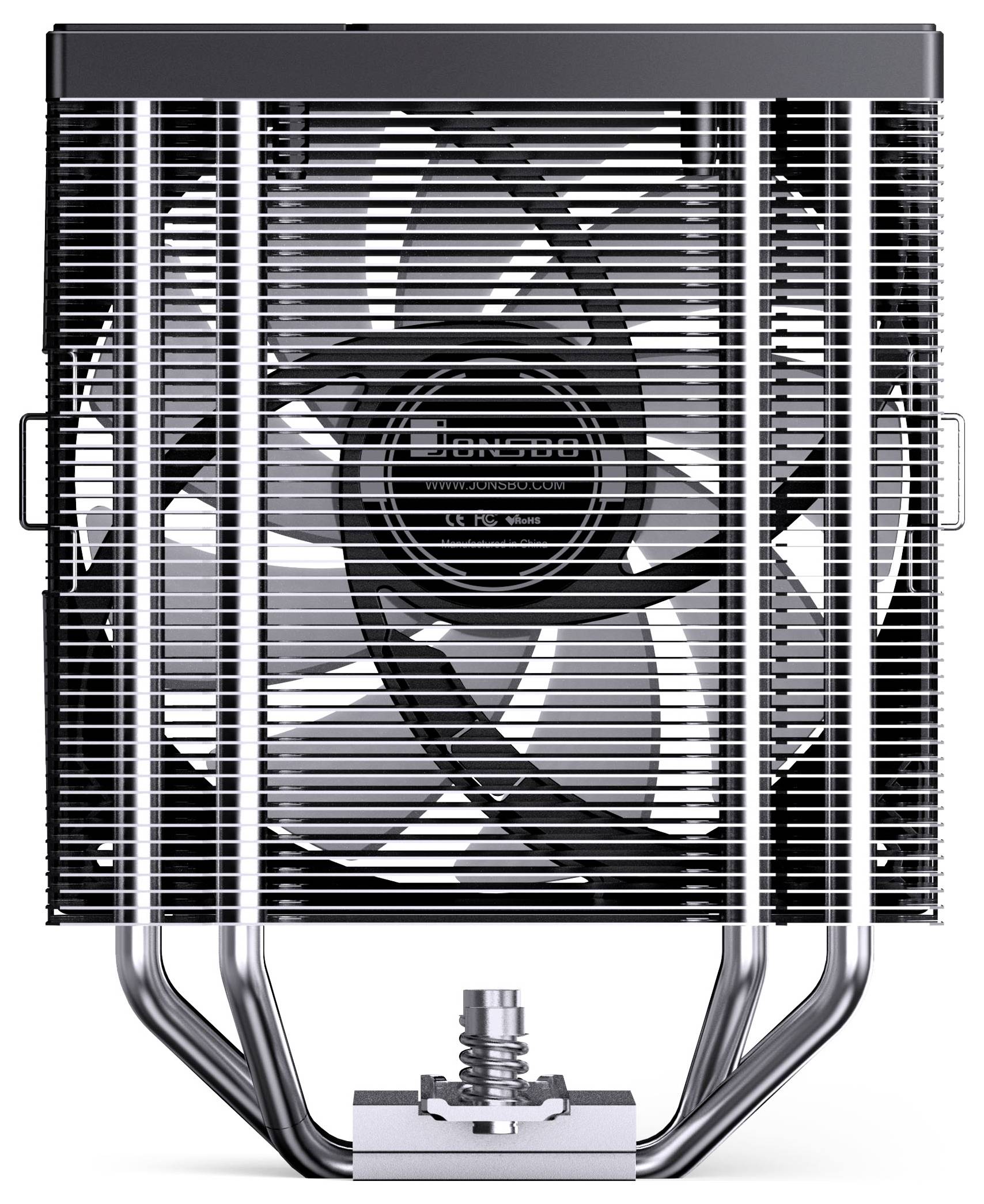 Vorderansicht eines Computer-CPU-Kühlers mit einem großen Lüfter hinter schwarzen Lamellen und silbernen Wärmerohrern, gezeigt vor weißem Hintergrund.