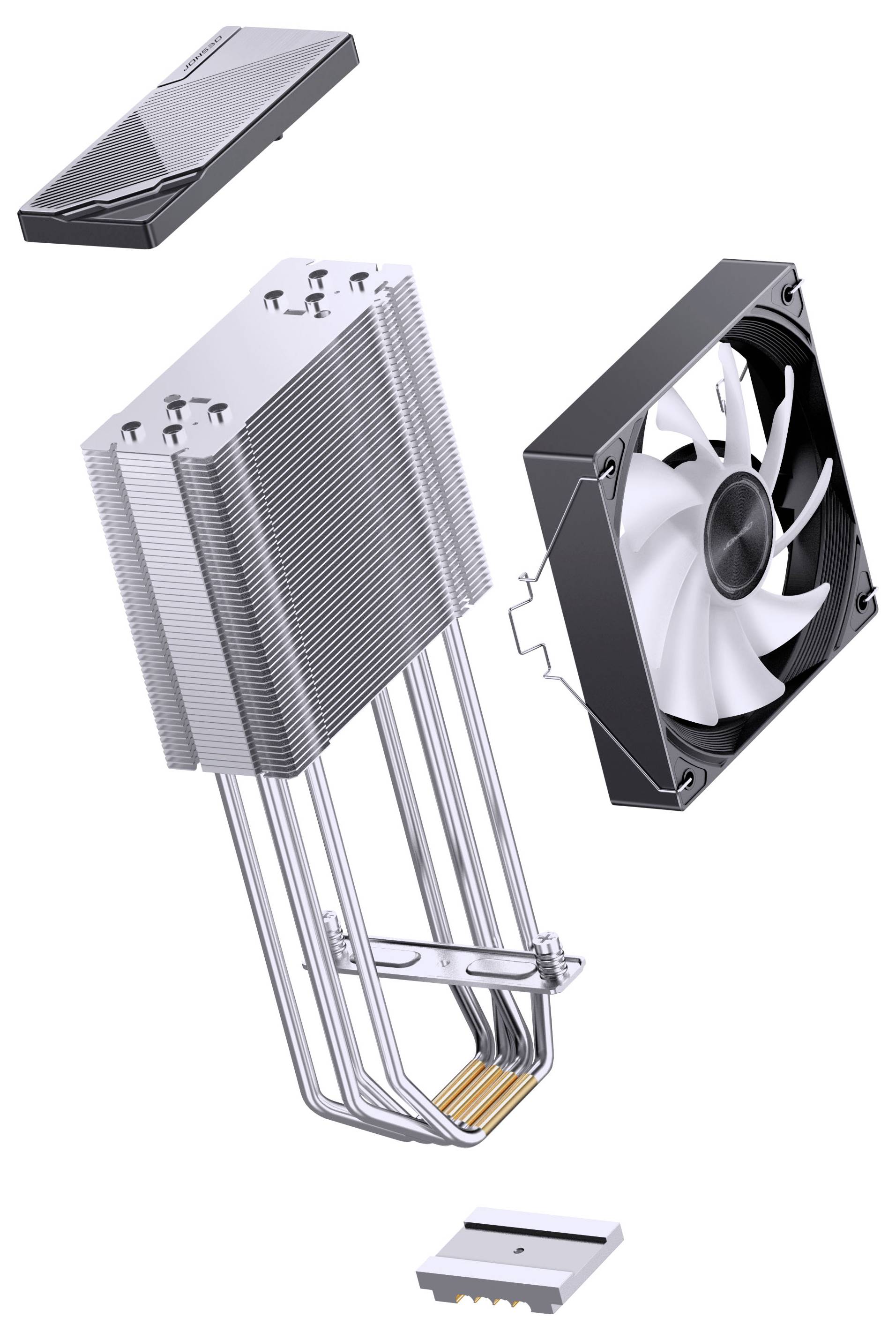 Explodierte Ansicht einer CPU-Kühlerbaugruppe mit Oberdeckel, Lamellenstapel, Wärmerohr und Lüfter.