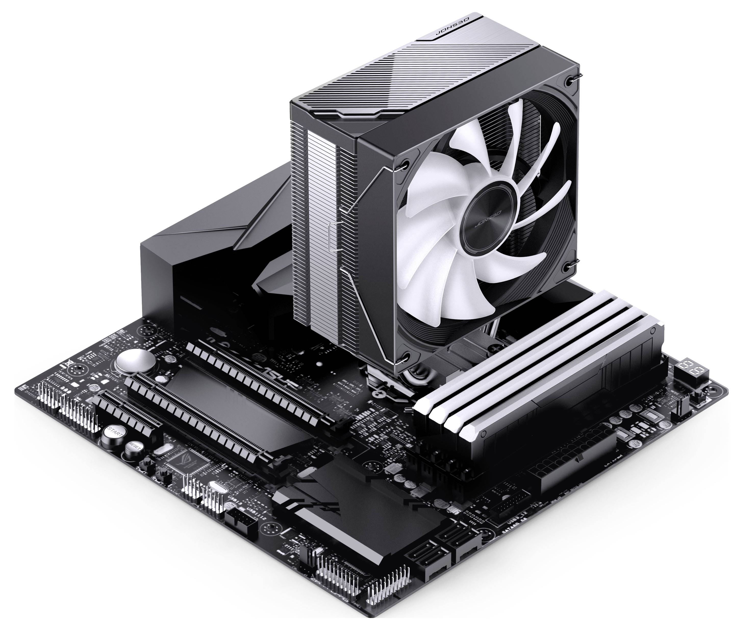 Schwarzes Computer-Mainboard mit großem Tower-CPU-Kühler und Lüfter, dargestellt als 3D-Hardware-Illustration auf weißem Hintergrund.