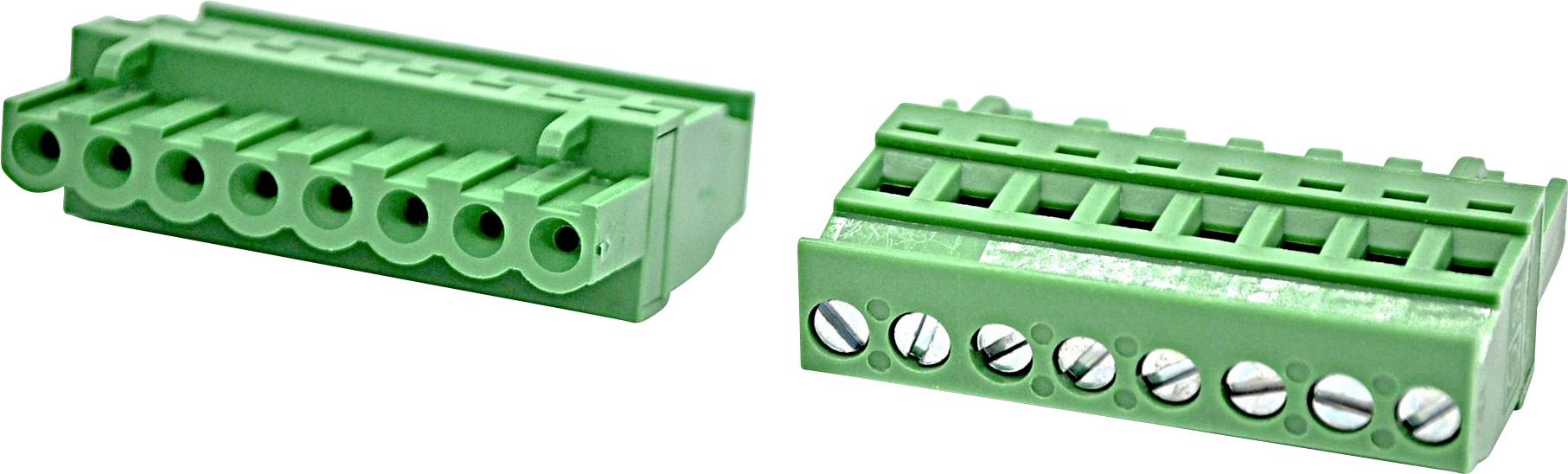 Zwei grüne Schraubklemmen-Verbindungsblöcke mit mehreren kreisförmigen Anschlussöffnungen für Drähte, aus verschiedenen Blickwinkeln auf weißem Hintergrund gezeigt.