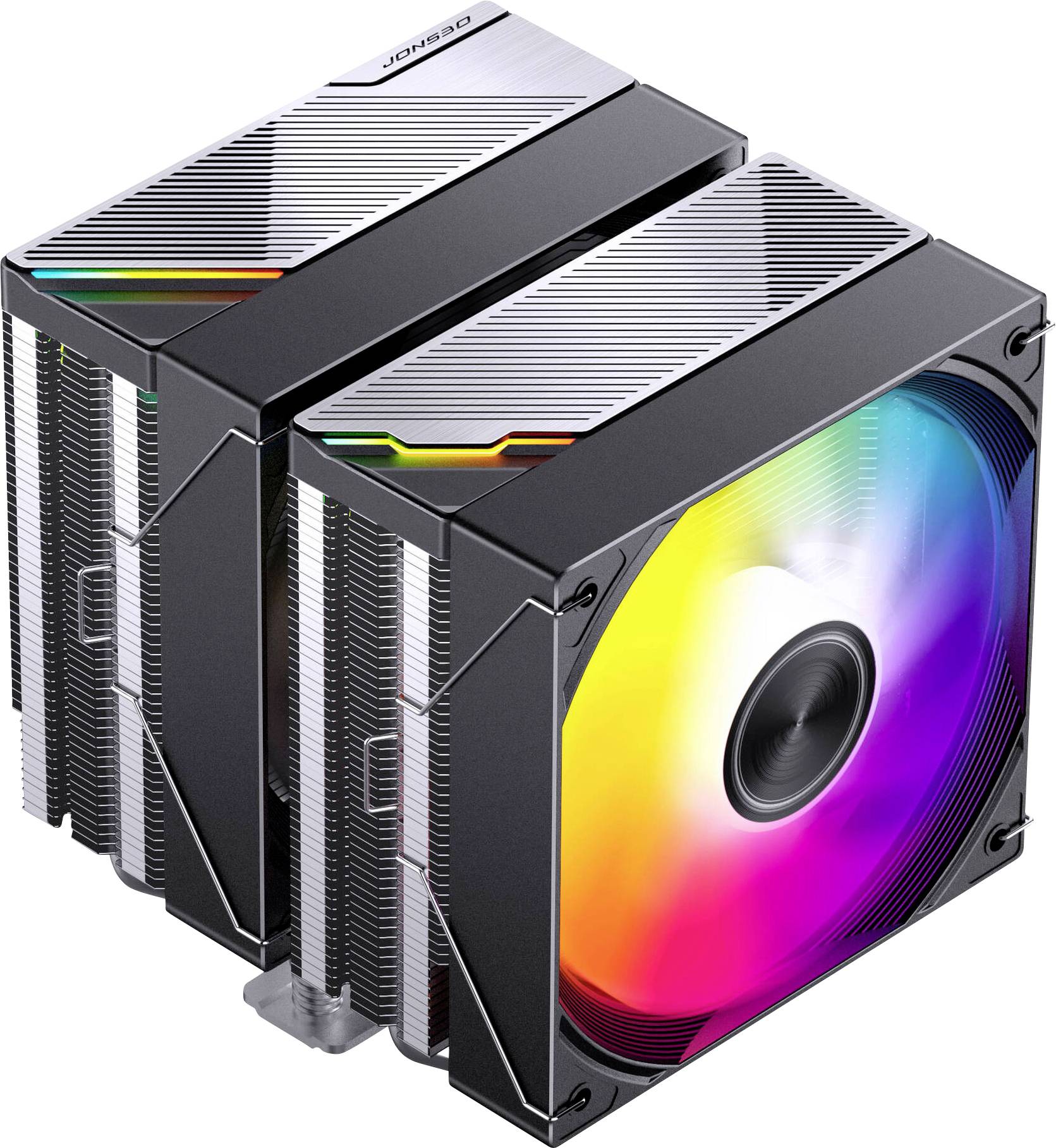 Zwei schwarze Tower-CPU-Kühler mit Lamellenstapeln und einem regenbogenfarbenen RGB-Lüfter auf der vorderen Einheit.