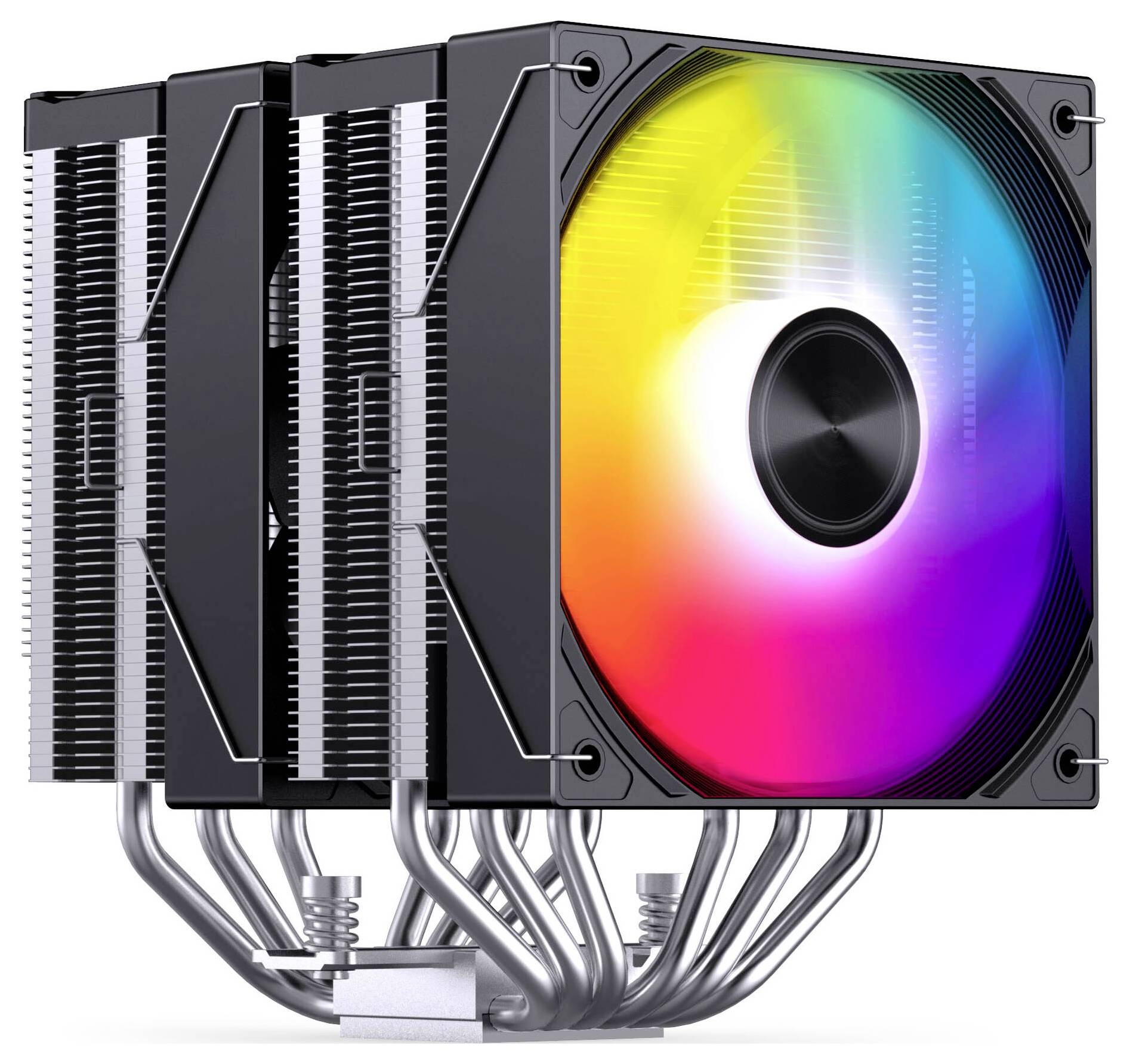 Schwarzer CPU-Luftkühler mit dichten Rippen und Wärmerohr, gezeigt mit einem regenbogenfarbenen RGB-Lüfter an der Vorderseite.