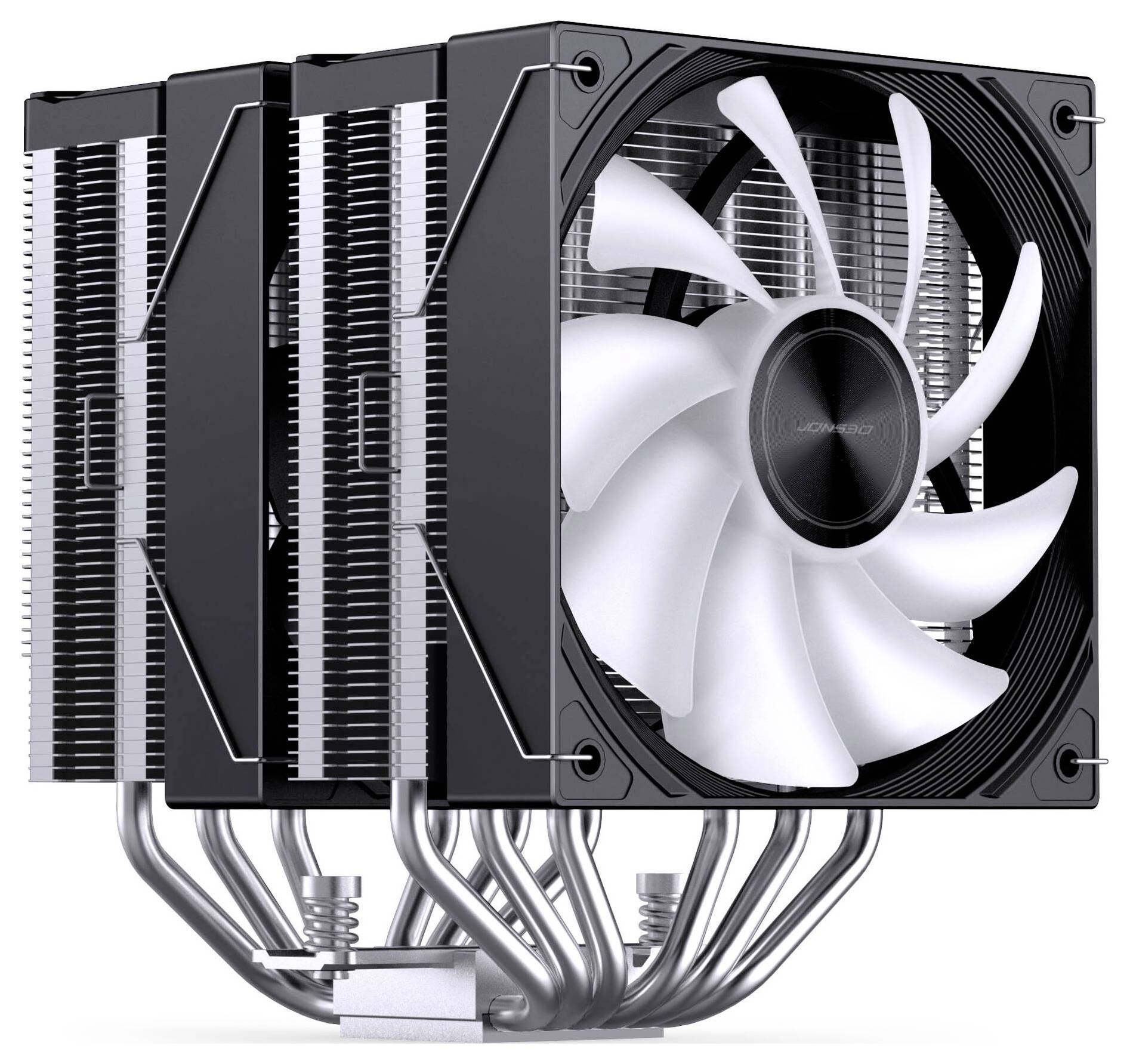 Nahaufnahme eines schwarzen CPU-Luftkühlers mit weißem Lüfter, doppelten Kühlrippen-Stapeln und Wärmerohrpsten zur Kühlung von Desktop-Computern.