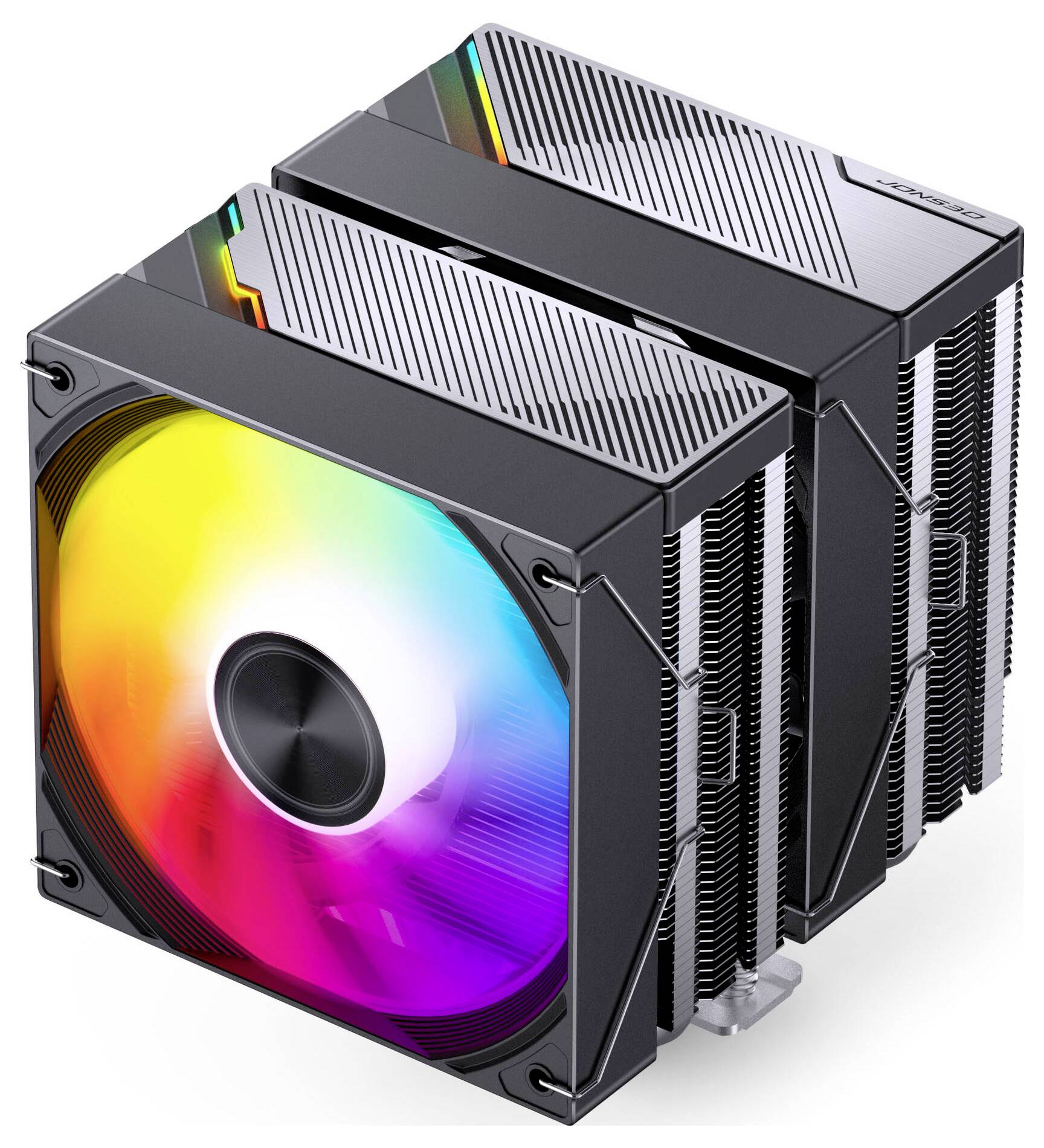 Drei schwarze Computer-Kühlungslüfter/Kühlkörper, einer mit einem Regenbogen-RGB-Lüfter, dargestellt als Produktrendering auf weißem Hintergrund.