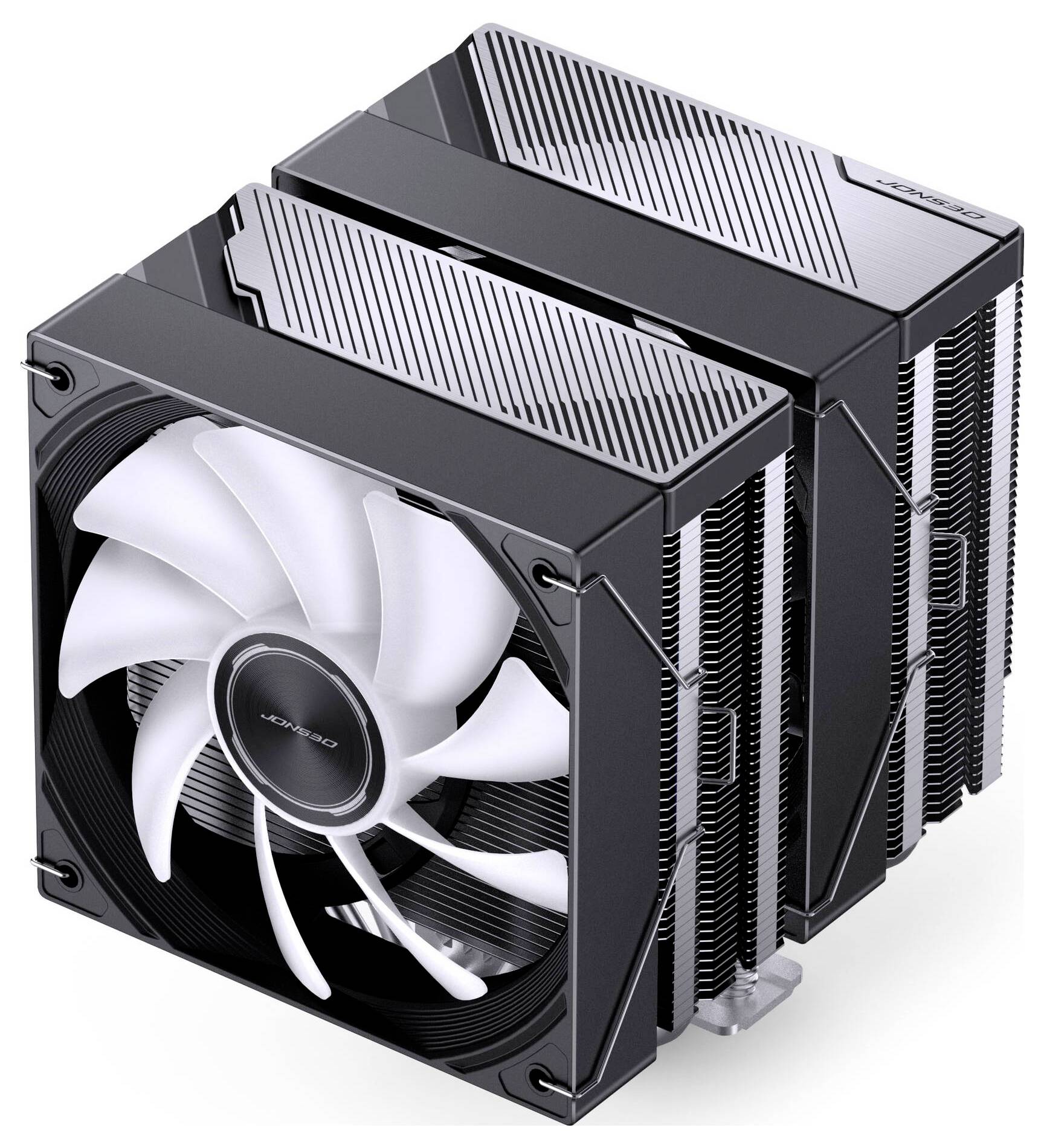 Schwarzer Dual-Tower-CPU-Luftkühler mit großem weißem Lüfter und mehreren Kühlrippen, dargestellt auf weißem Hintergrund.