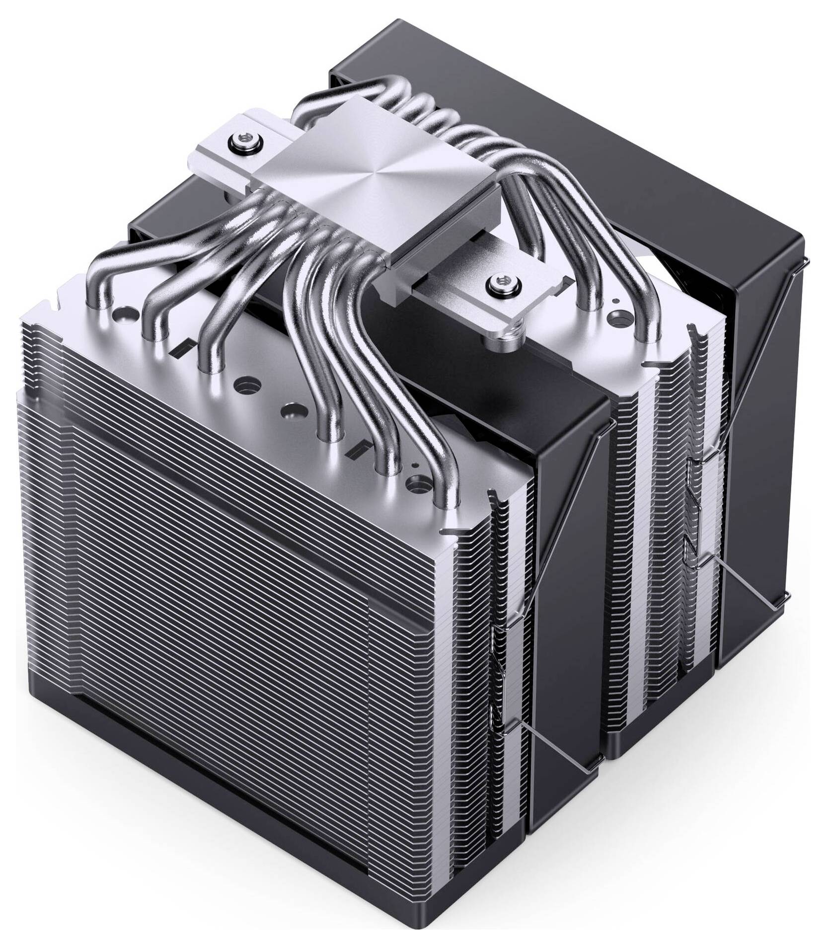 3D-Darstellung eines CPU-Kühlkörpers mit gestapelten Metallrippen, Wärmerohr und Gehäuse für den Prozessorkühler.