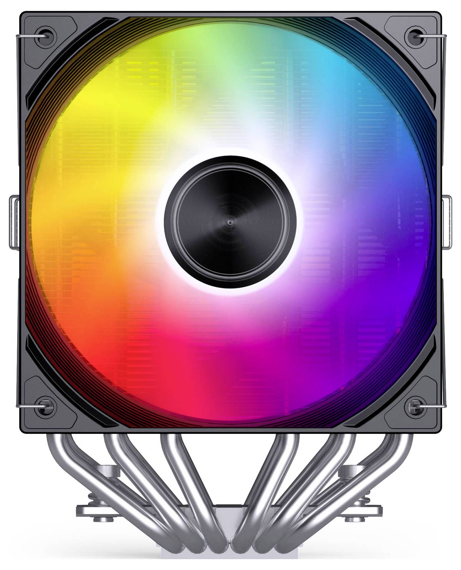 Vorderansicht eines Computergehäuse-Kühlungslüfters mit einem regenbogenfarbigen LED-Ring um eine zentrale schwarze Nabe und silbernen Wärmerohr darunter.