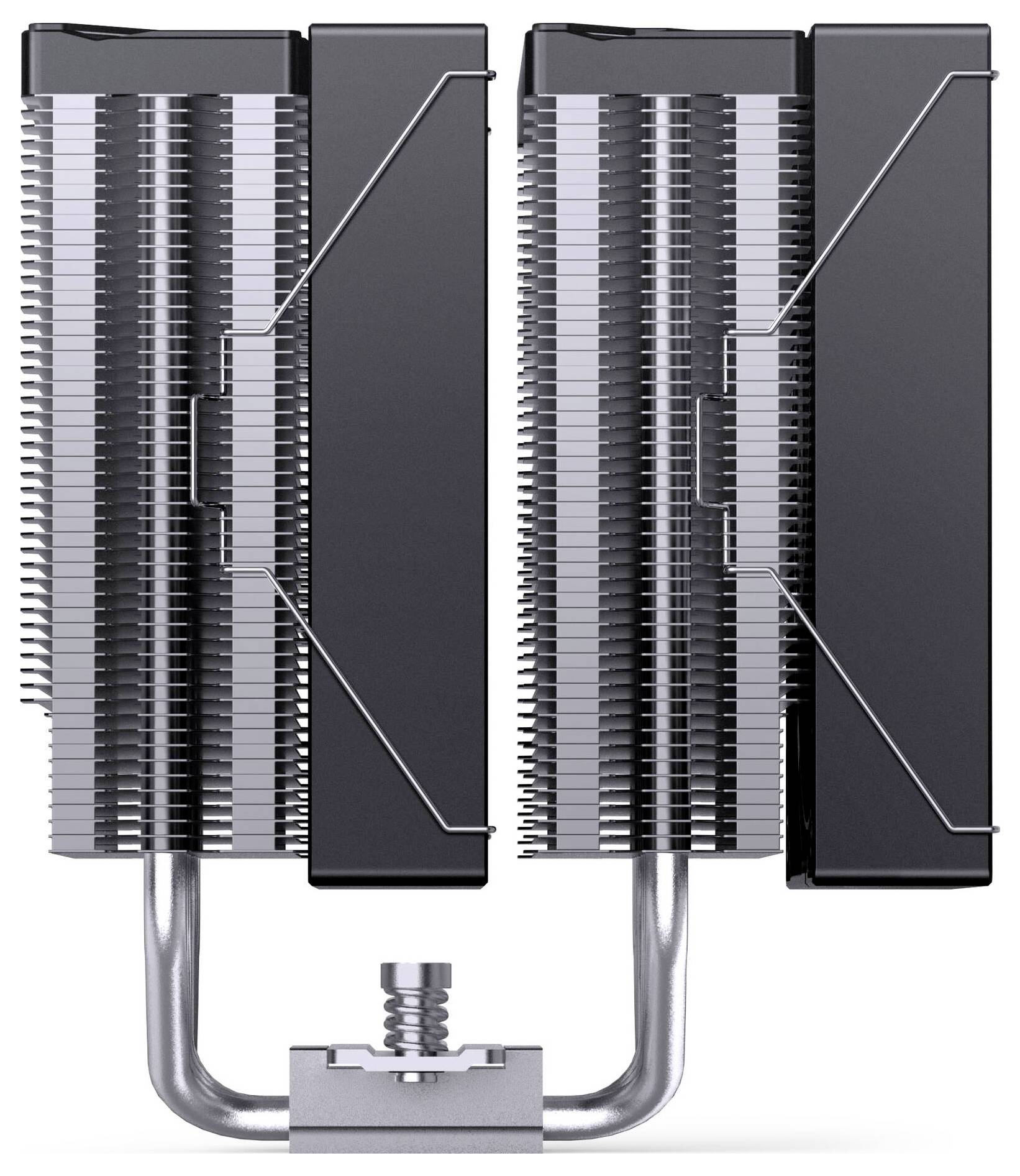 Doppel-Computer-CPU-Kühlkörper mit Kühlrippen, seitlich angebrachten Lüftern und einer U-förmigen Wärmerohreinheit auf weißem Hintergrund.