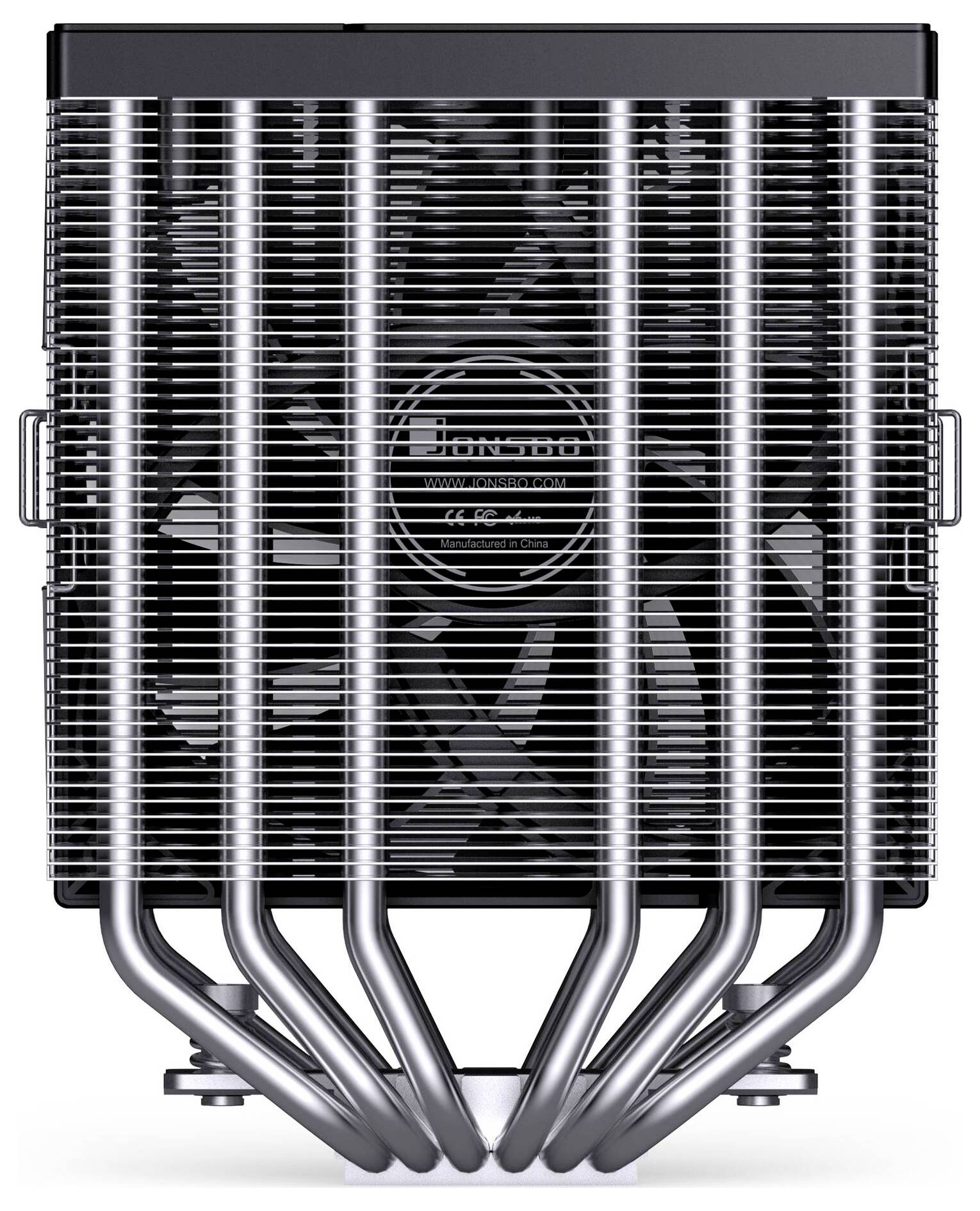 Frontansicht eines schwarzen Computer-CPU-Kühlers mit Metalllamellen und mehreren silbernen Wärmerohr, gezeigt auf weißem Hintergrund.