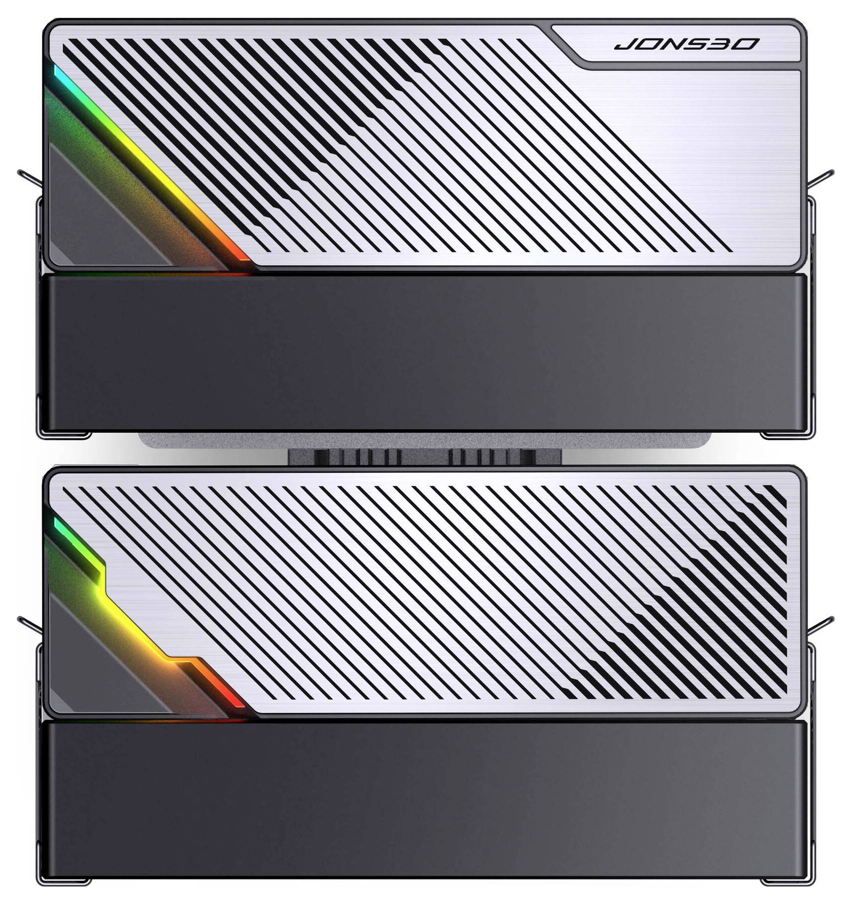 Zwei vertikal gestapelte silber-schwarze JONSBO-PC-Gehäuse, jeweils mit diagonalen Streifenpanelen und RGB-beleuchteten Akzenten auf der linken Seite.
