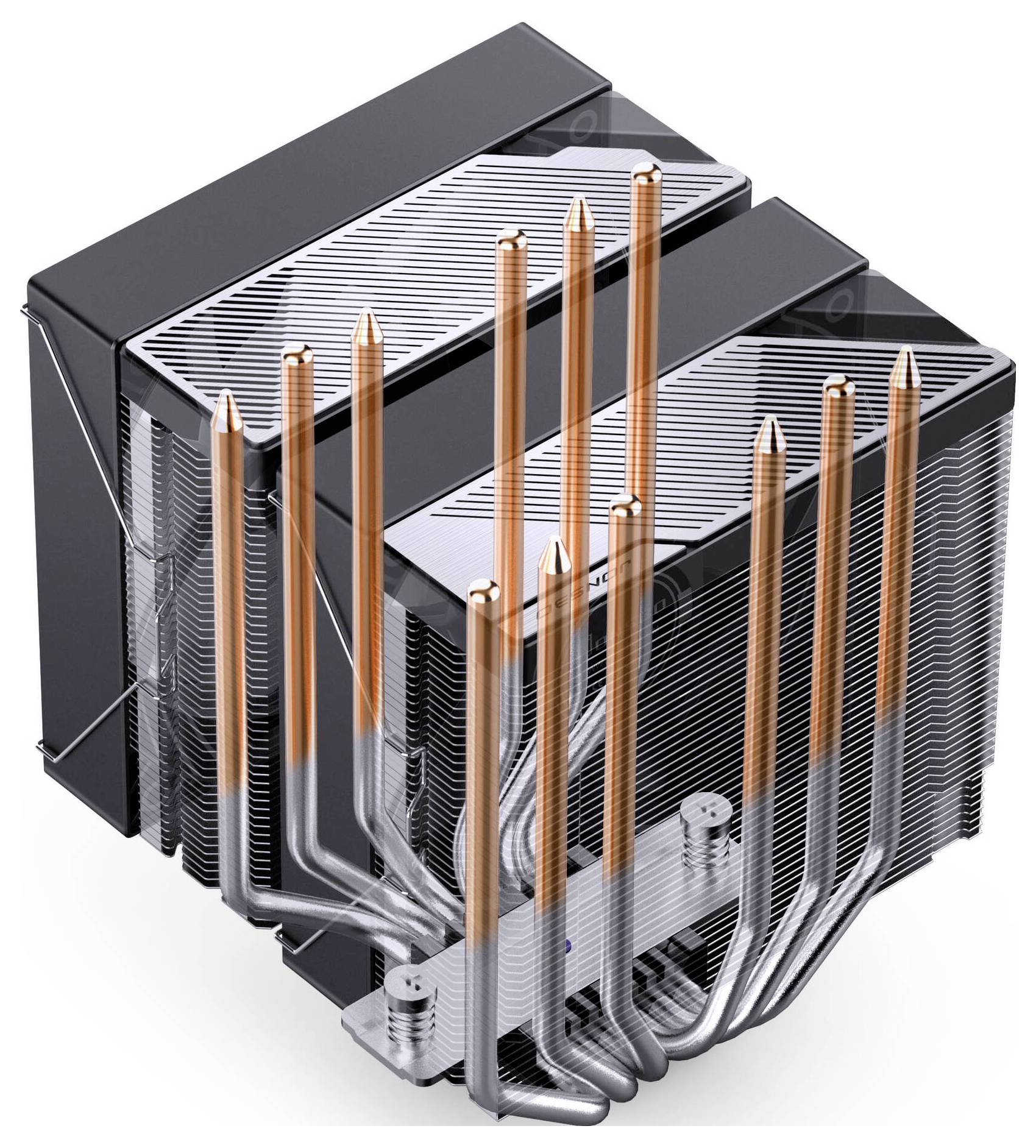 3D-Darstellung eines CPU-Luftkühlers mit doppelt gestapelten Kühlkörpern und mehreren Kupfer-Wärmerohrern