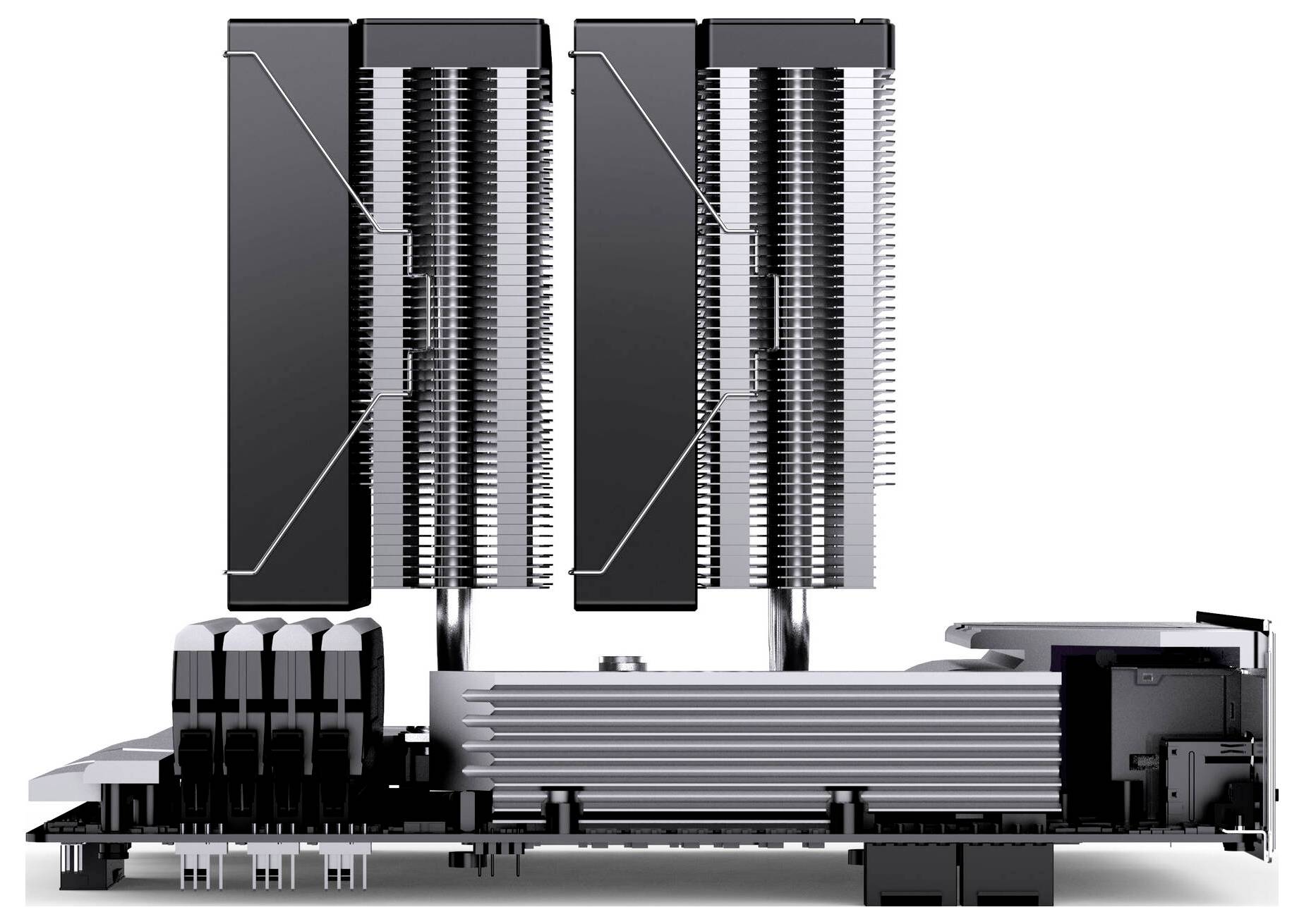 Seitenansicht einer High-Performance-Computergrafikkarte mit zwei großen Kühlkörpern, mehreren Lüftern und einer langen Metallkühlkörperanordnung.