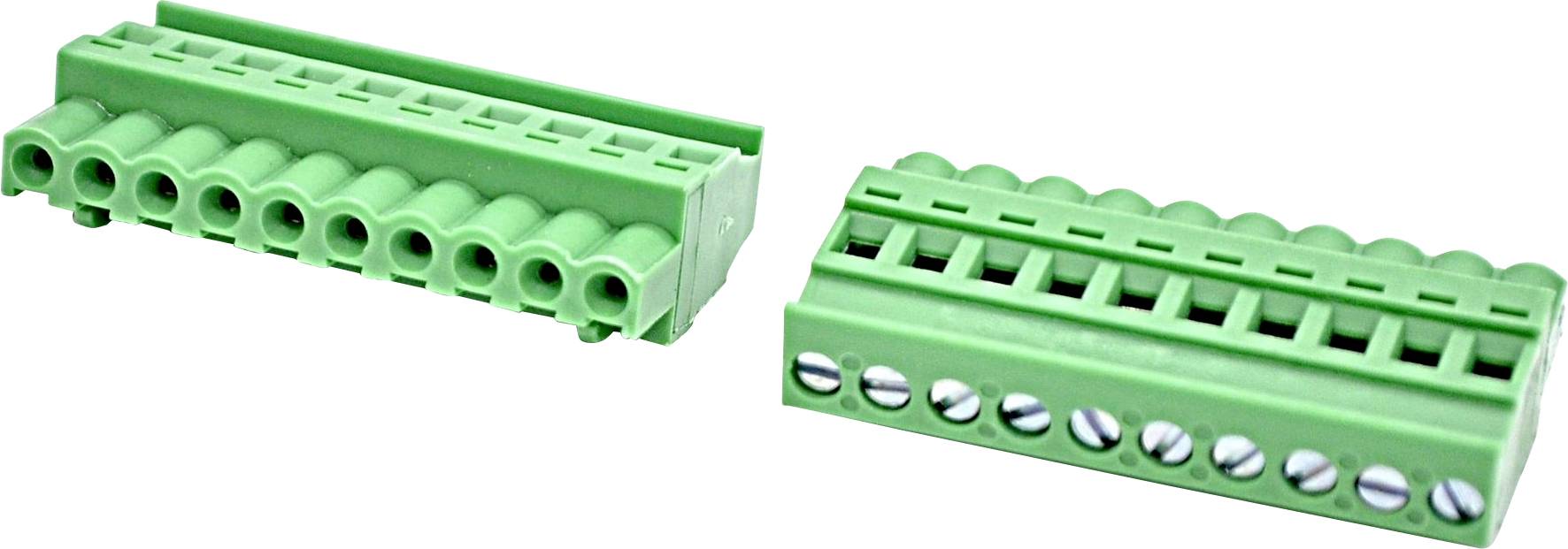 Zwei grüne Steckklemmleisten mit mehreren Schraubklemmen, nebeneinander auf weißem Hintergrund dargestellt.