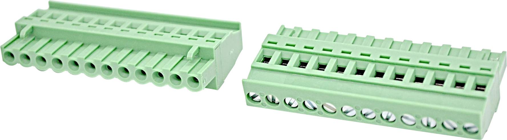 Zwei grüne mehrpolige Elektroklemmenblöcke auf weißem Hintergrund.