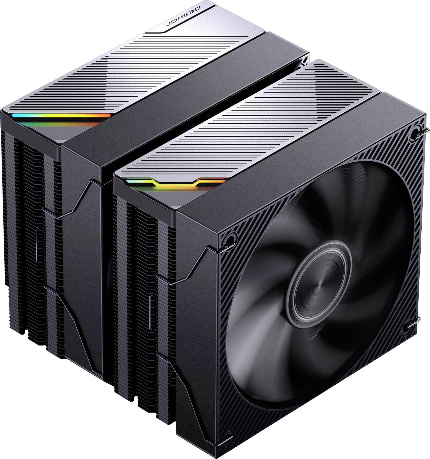 Zwei schwarze CPU-Luftkühler mit Doppelturm-Kühlkörpern und jeweils einem großen Lüfter, in schräger Ansicht auf weißem Hintergrund gezeigt.