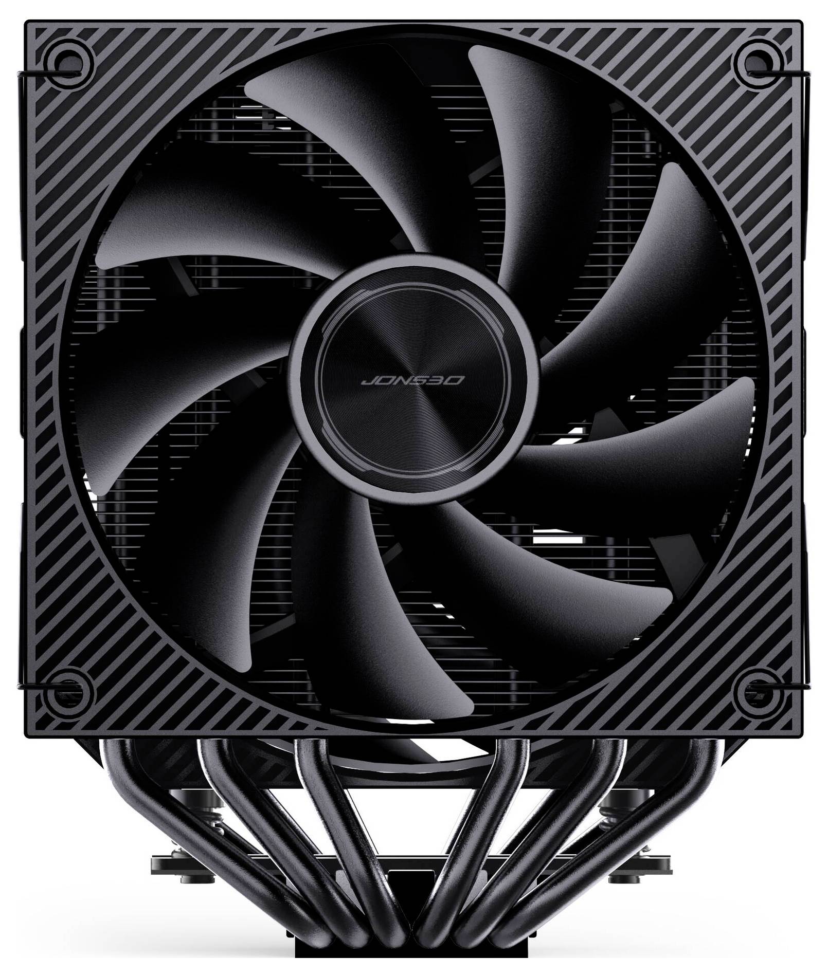 Schwarzer quadratischer CPU-Kühler mit einem großen zentralen Lüfter und Wärmerohrn, frontal vor weißem Hintergrund dargestellt.
