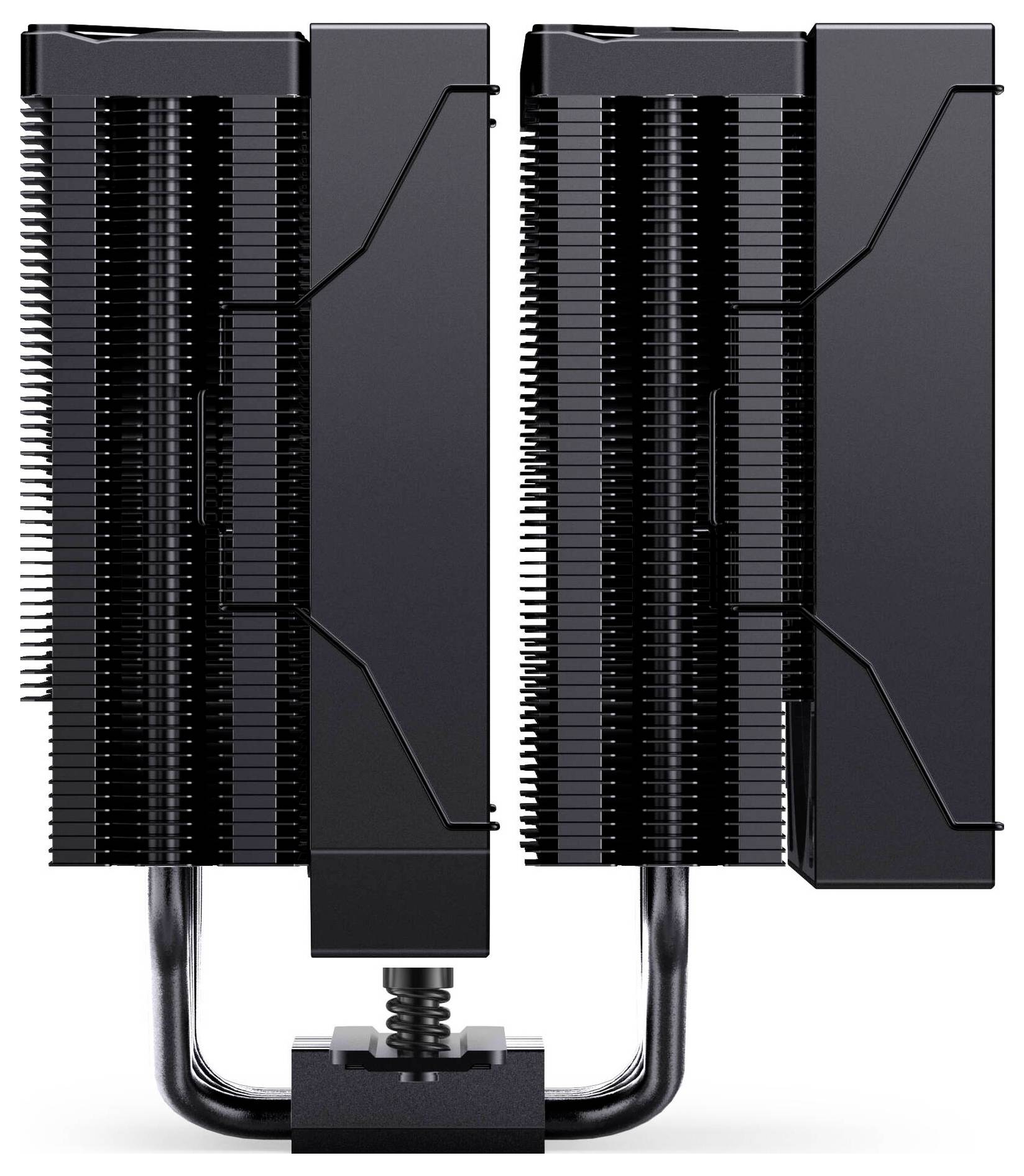 Schwarzer Dual-Tower-CPU-Luftkühler mit zwei Lamellenpaketen, Lüftern und Kupfer-Heatpipes auf einem Sockel montiert.