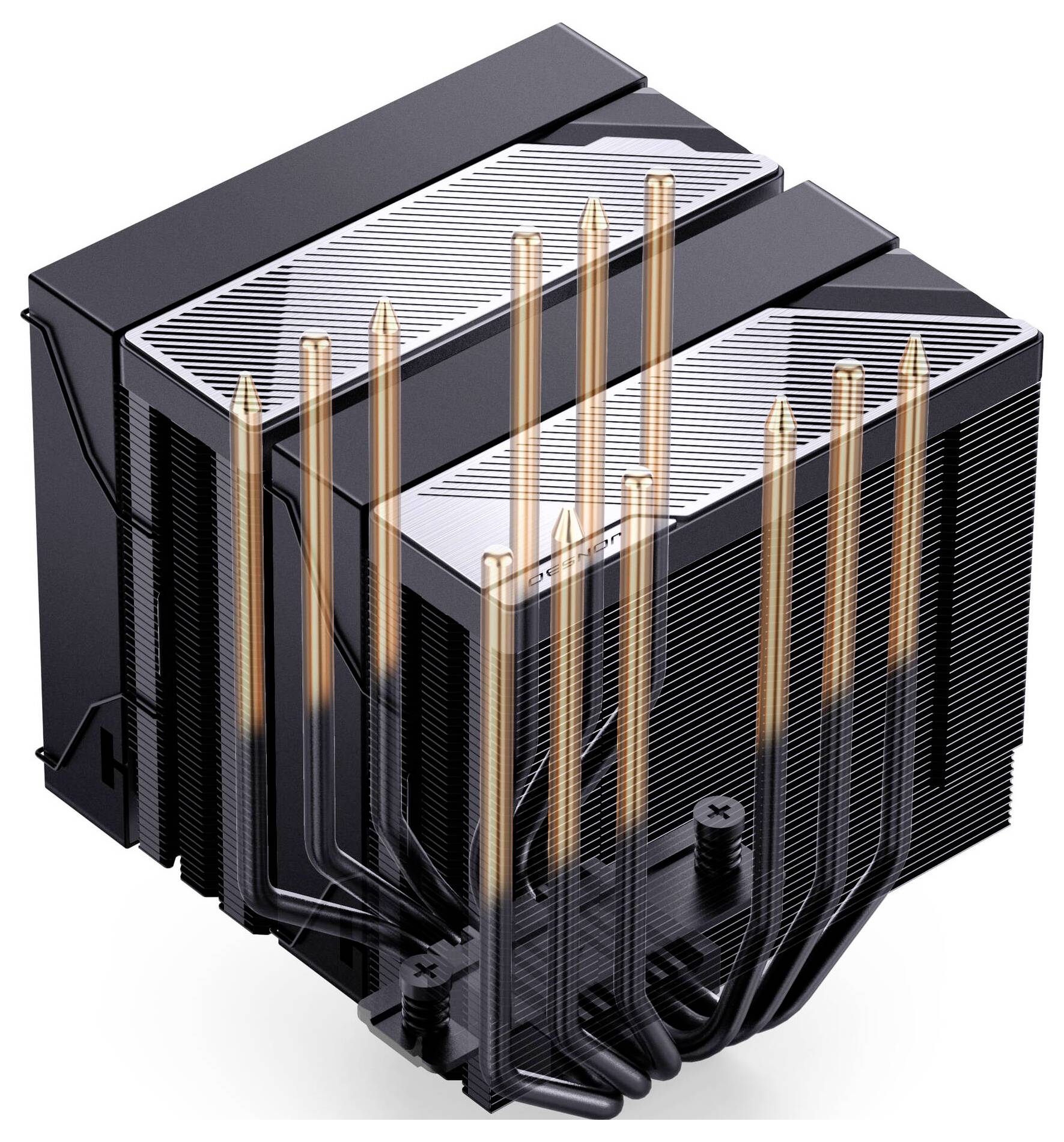 Ein Computer-CPU-Kühler mit zwei schwarzen Lamellenstapeln und mehreren Kupfer-Wärmerohr für die Wärmeableitung.